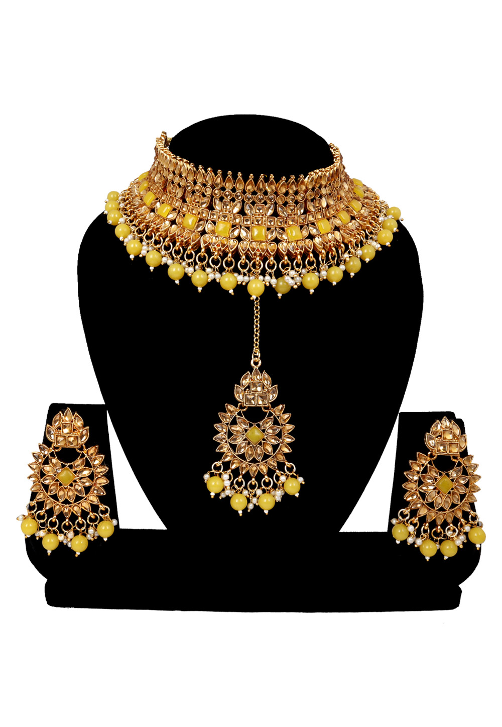 Yellow Alloy Austrian Diamonds and Kundan Necklace Set With Earrings and Maang Tikka 272602