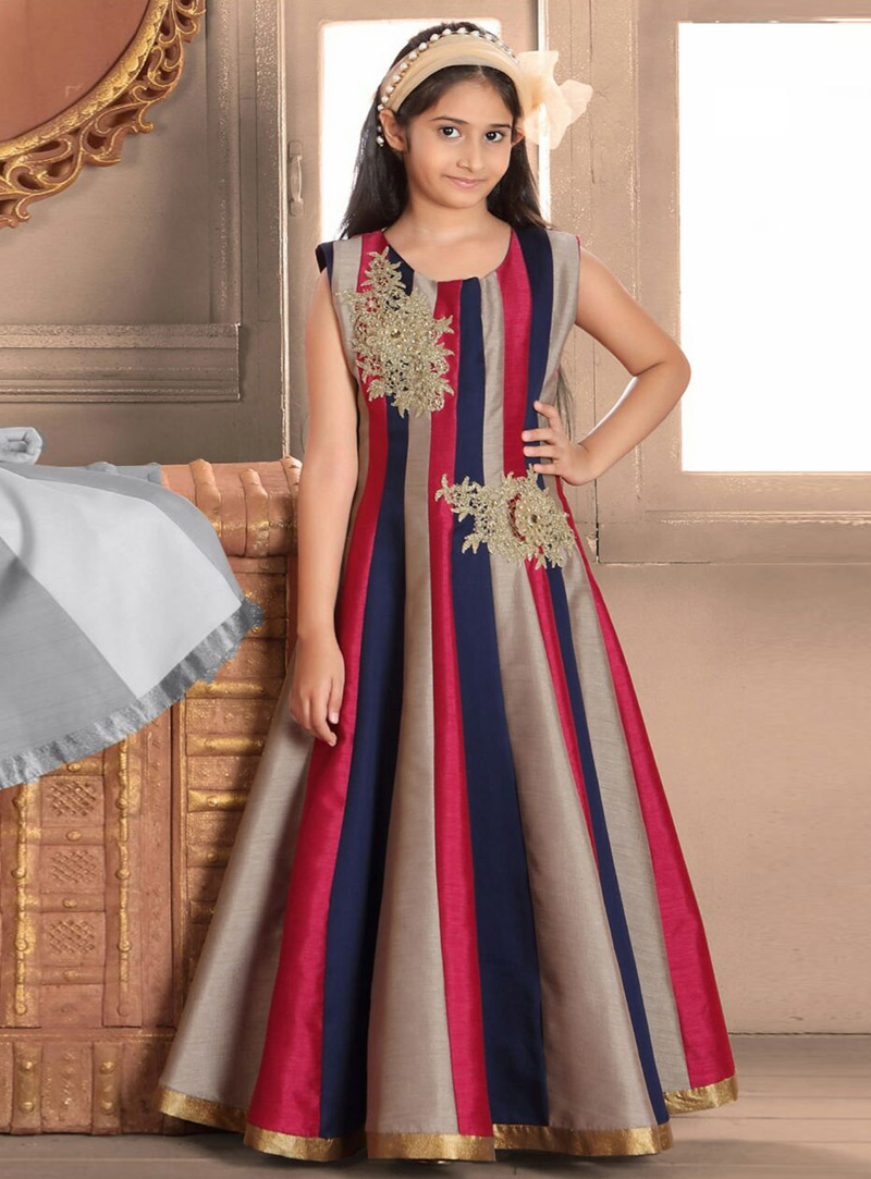 Navy Blue Banarasi Silk Readymade Kids Gown 86311