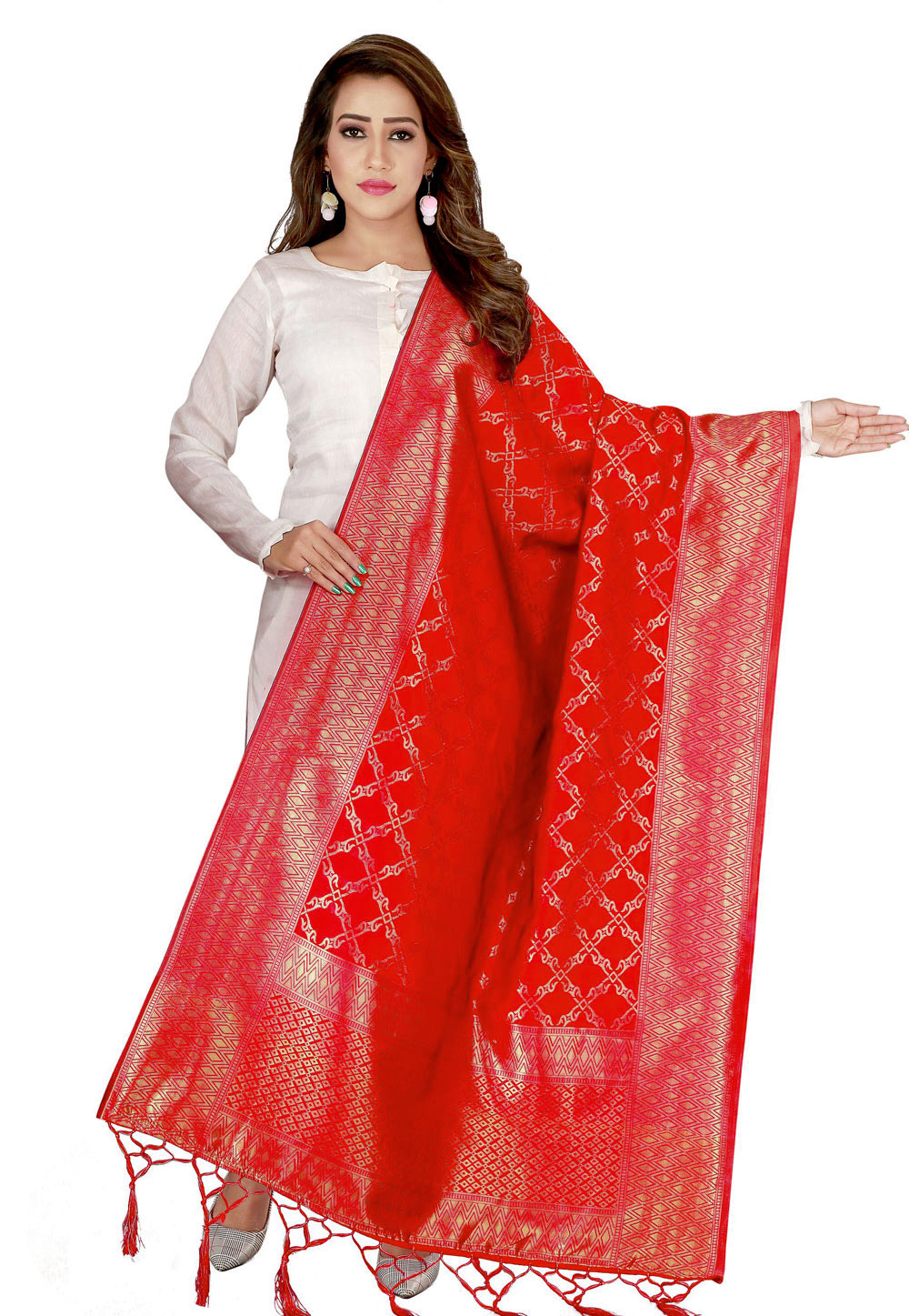 Red Banarasi Silk Dupatta 171589