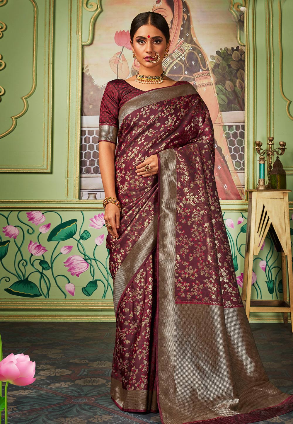 Maroon Banarasi Silk Saree With Blouse 207564