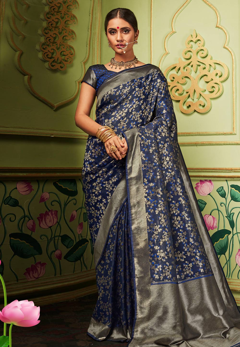 Navy Blue Banarasi Silk Saree With Blouse 207566