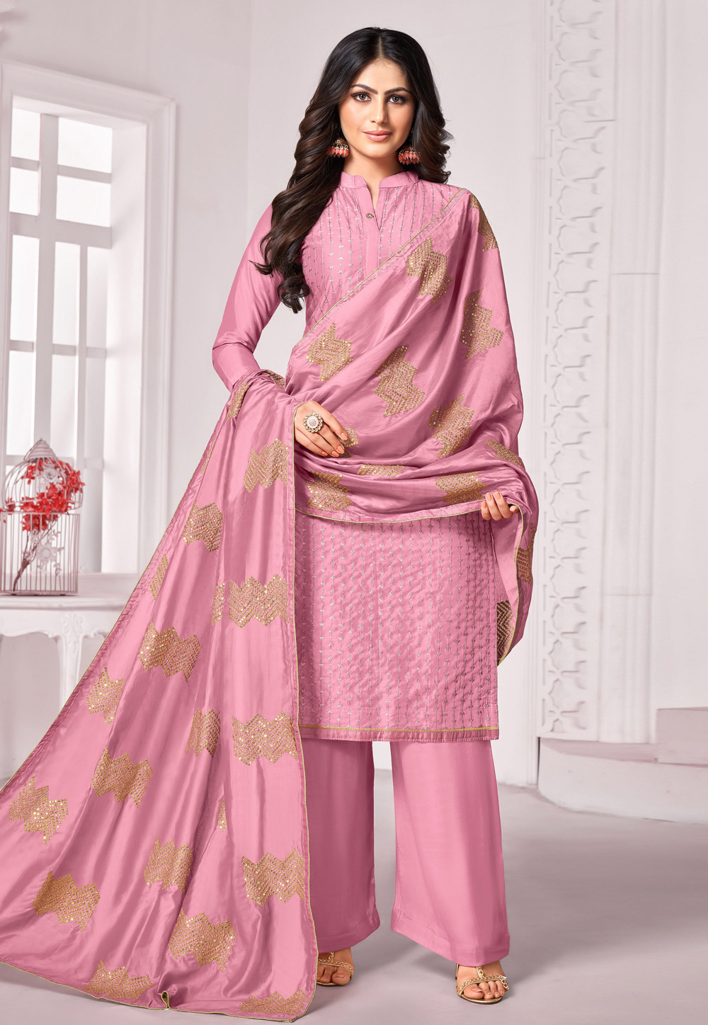 Light Pink Cotton Palazzo Suit 207576