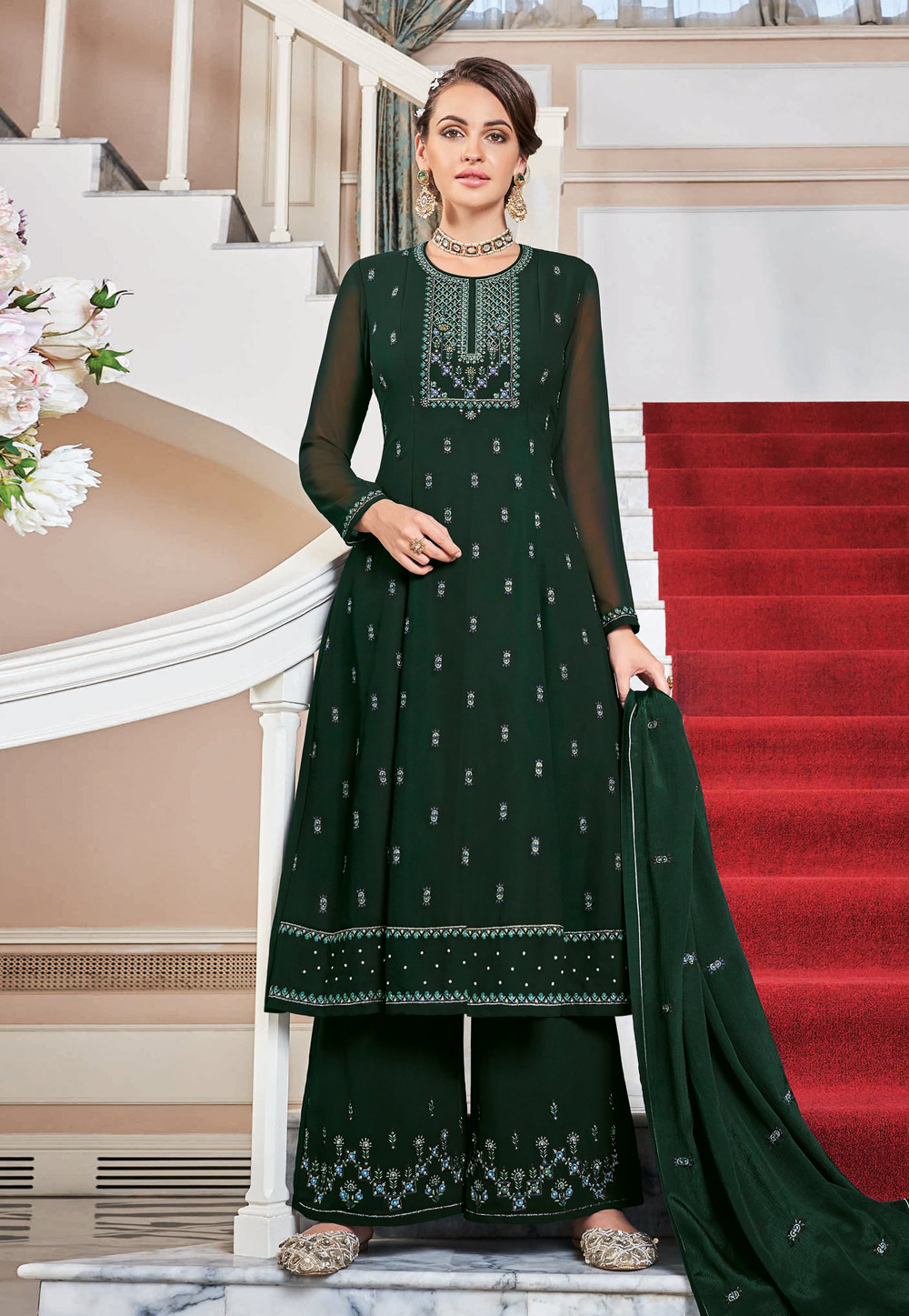 Green Faux Georgette Readymade Palazzo Suit 207591