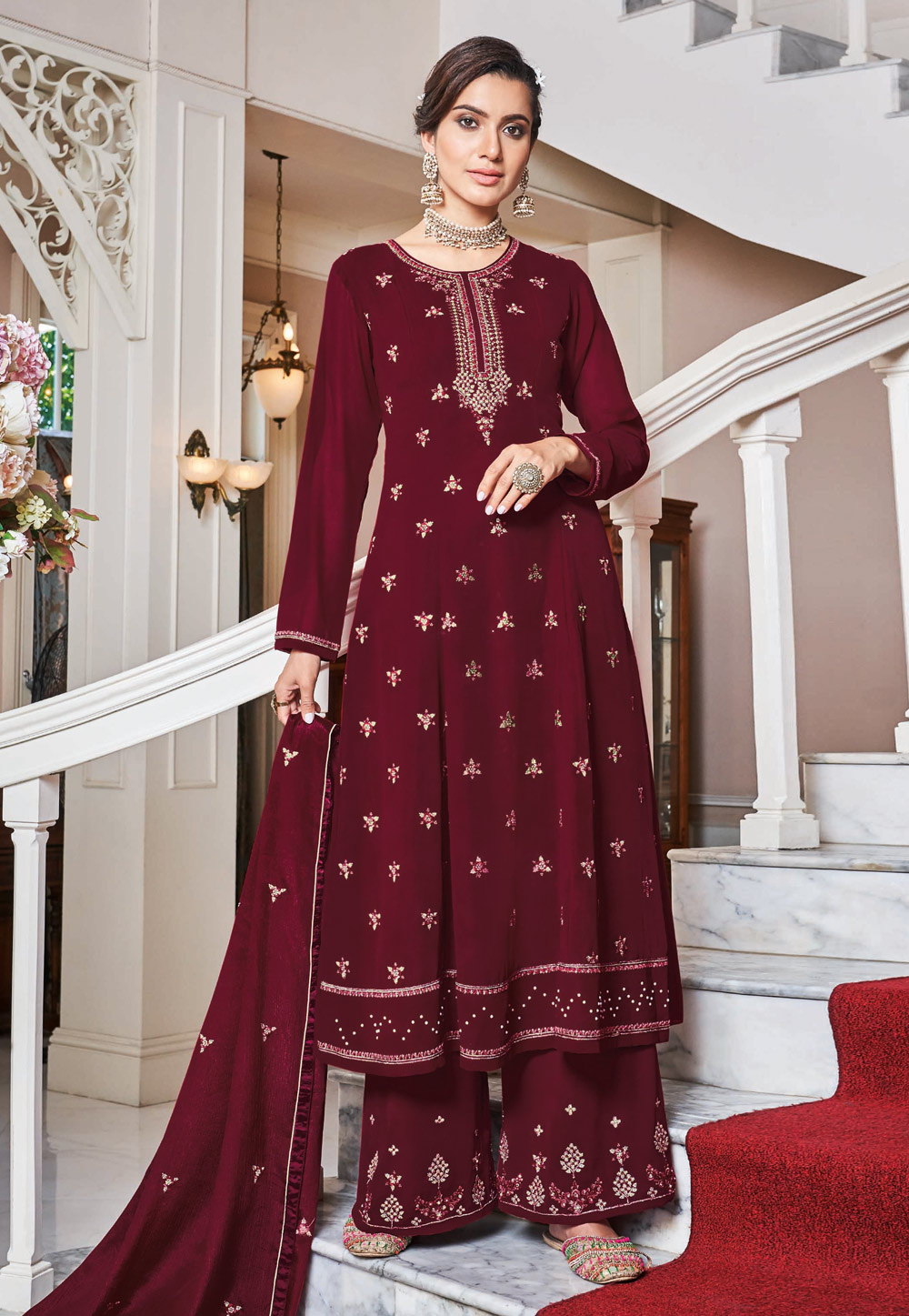 Magenta Faux Georgette Readymade Kameez With Palazzo 207592