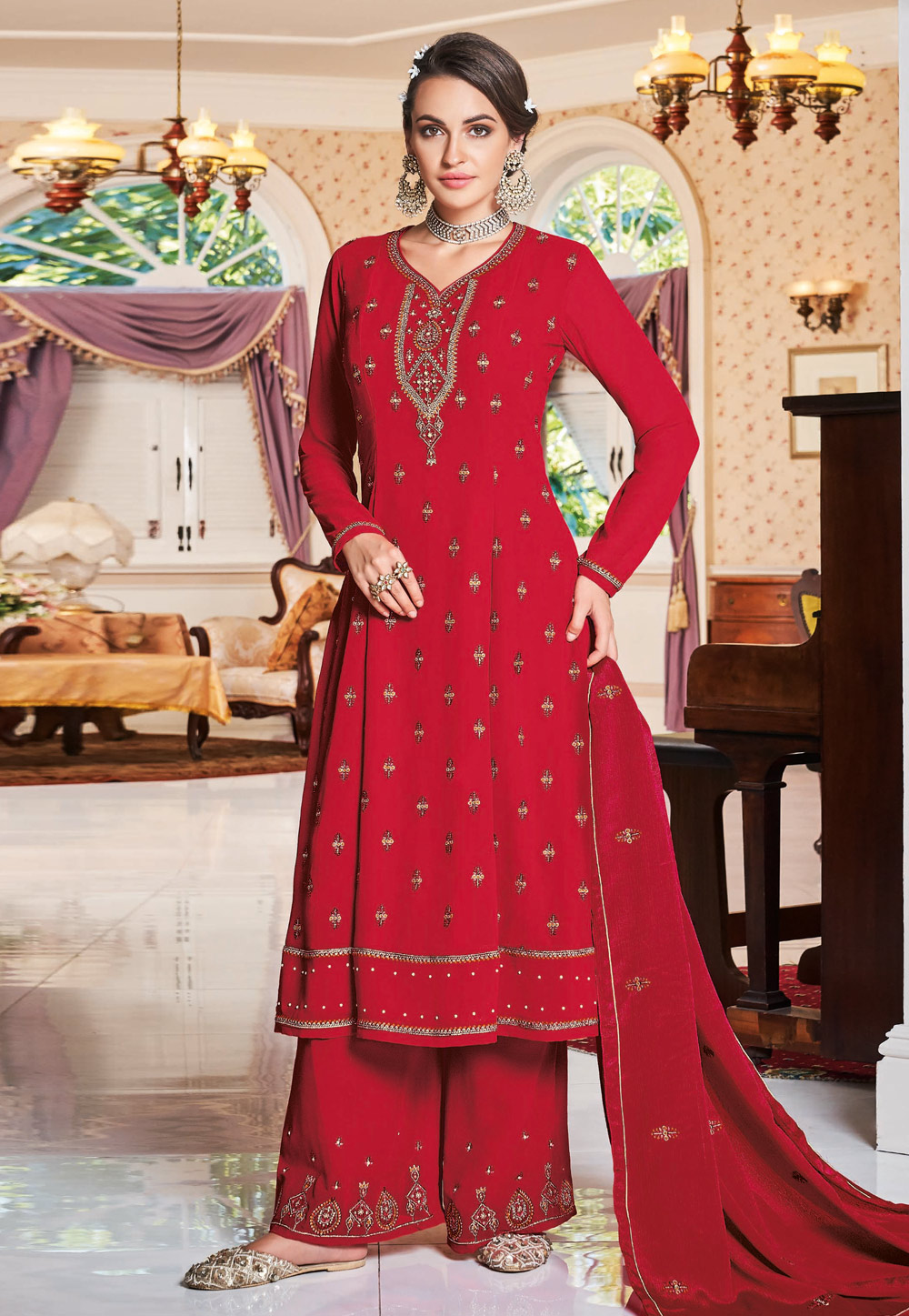 Red Faux Georgette Readymade Kameez With Palazzo 207594