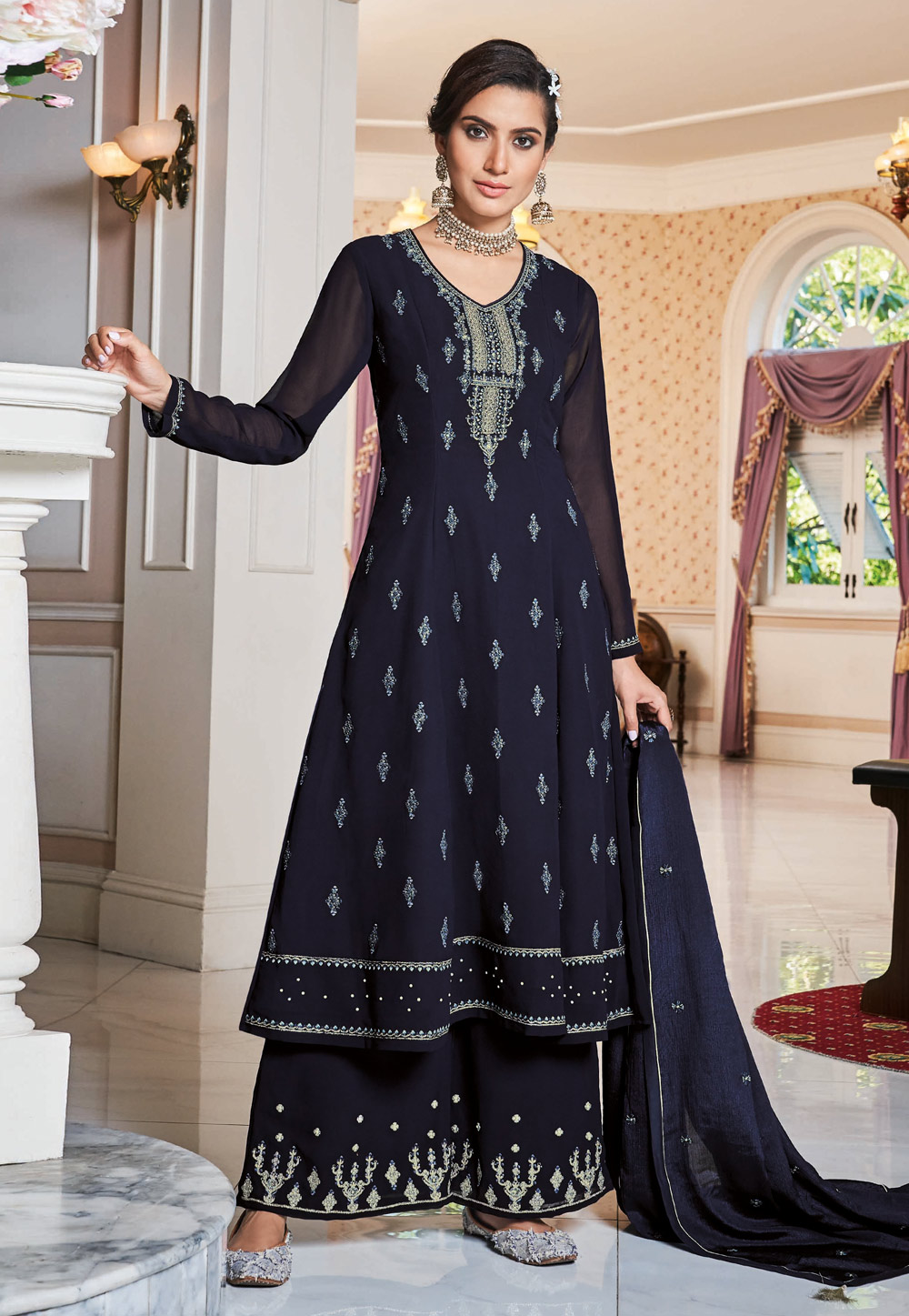 Navy Blue Faux Georgette Readymade Palazzo Suit 207595