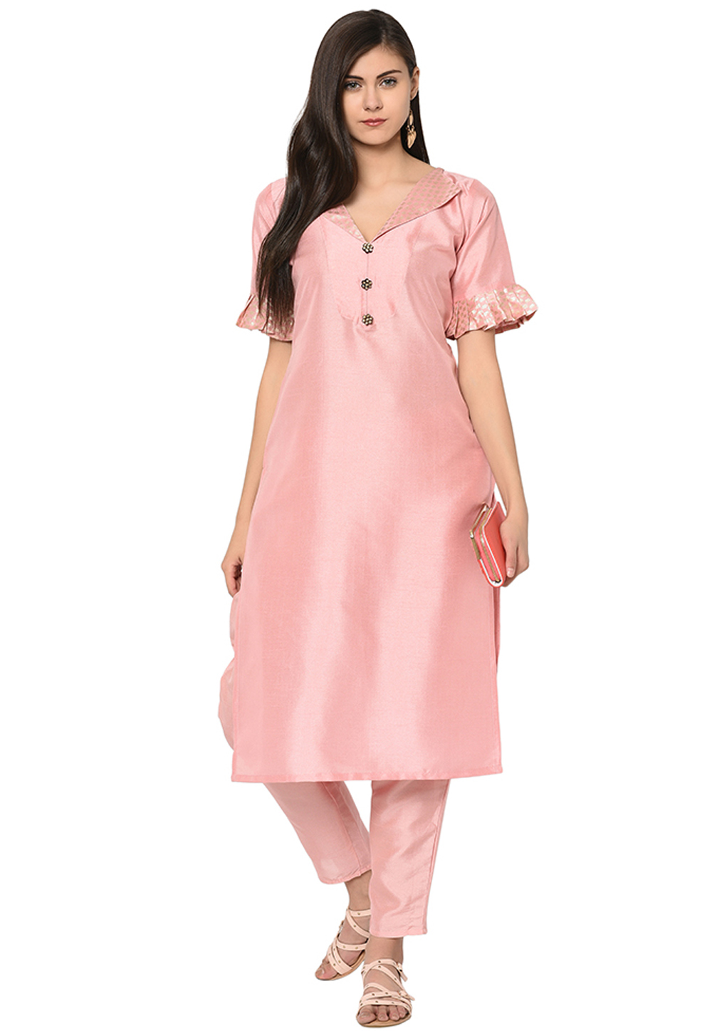 Pink Poly Silk Readymade Printed Tunic 207610
