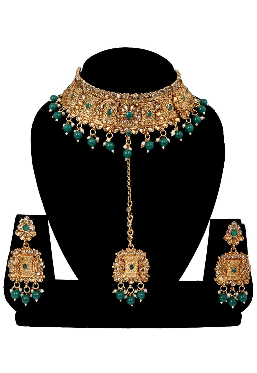 Green Alloy Austrian Diamonds and Kundan Necklace Set With Earrings and Maang Tikka 272603