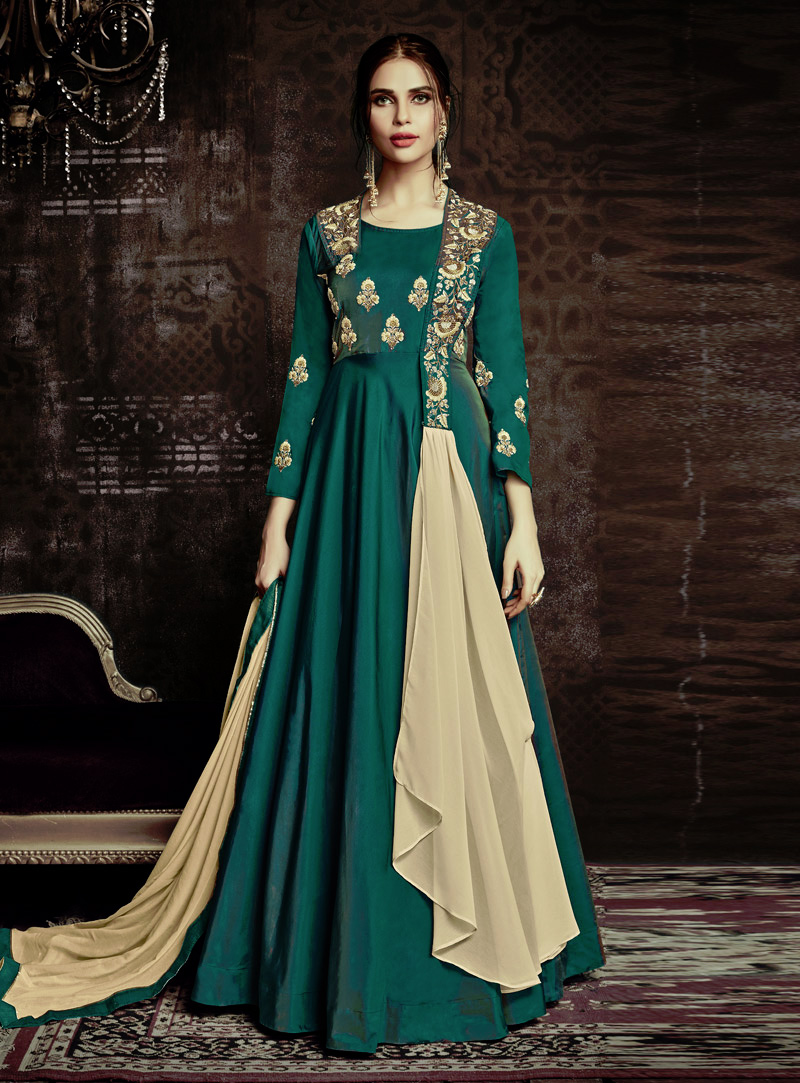 Green Taffeta Readymade Anarkali Suit 140589