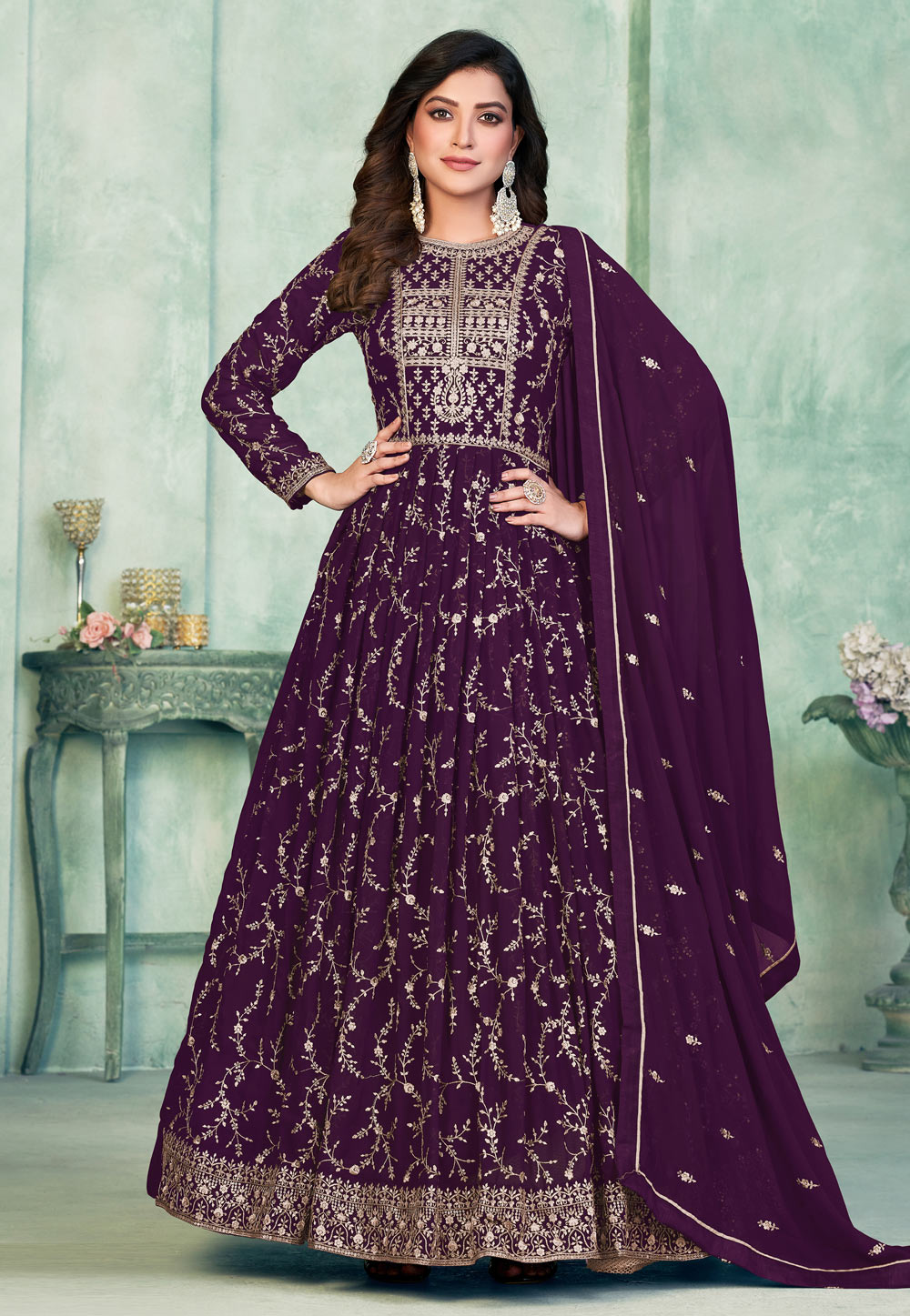 Purple Faux Georgette Embroidered Abaya Style Anarkali Suit 268968