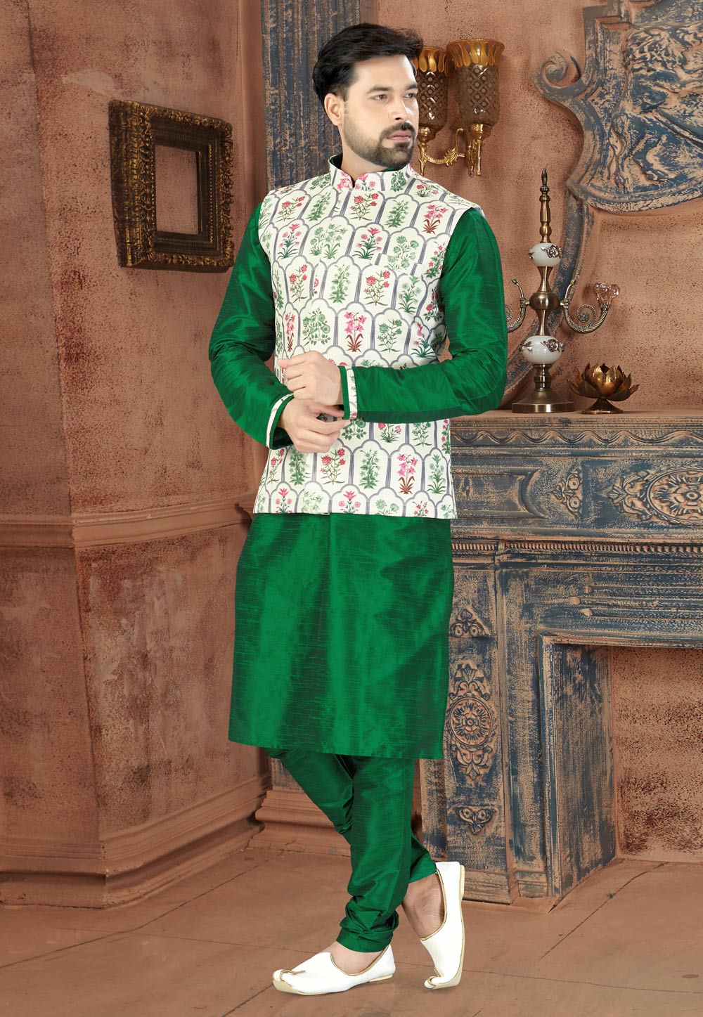 Green Silk Kurta Pajama With Jacket 217721