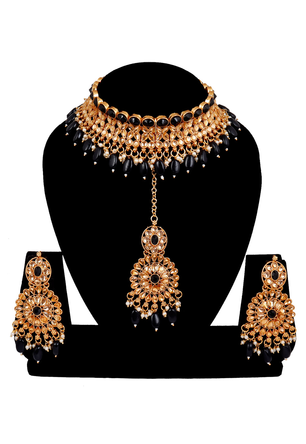 Black Alloy Austrian Diamonds and Kundan Necklace Set With Earrings and Maang Tikka 272604