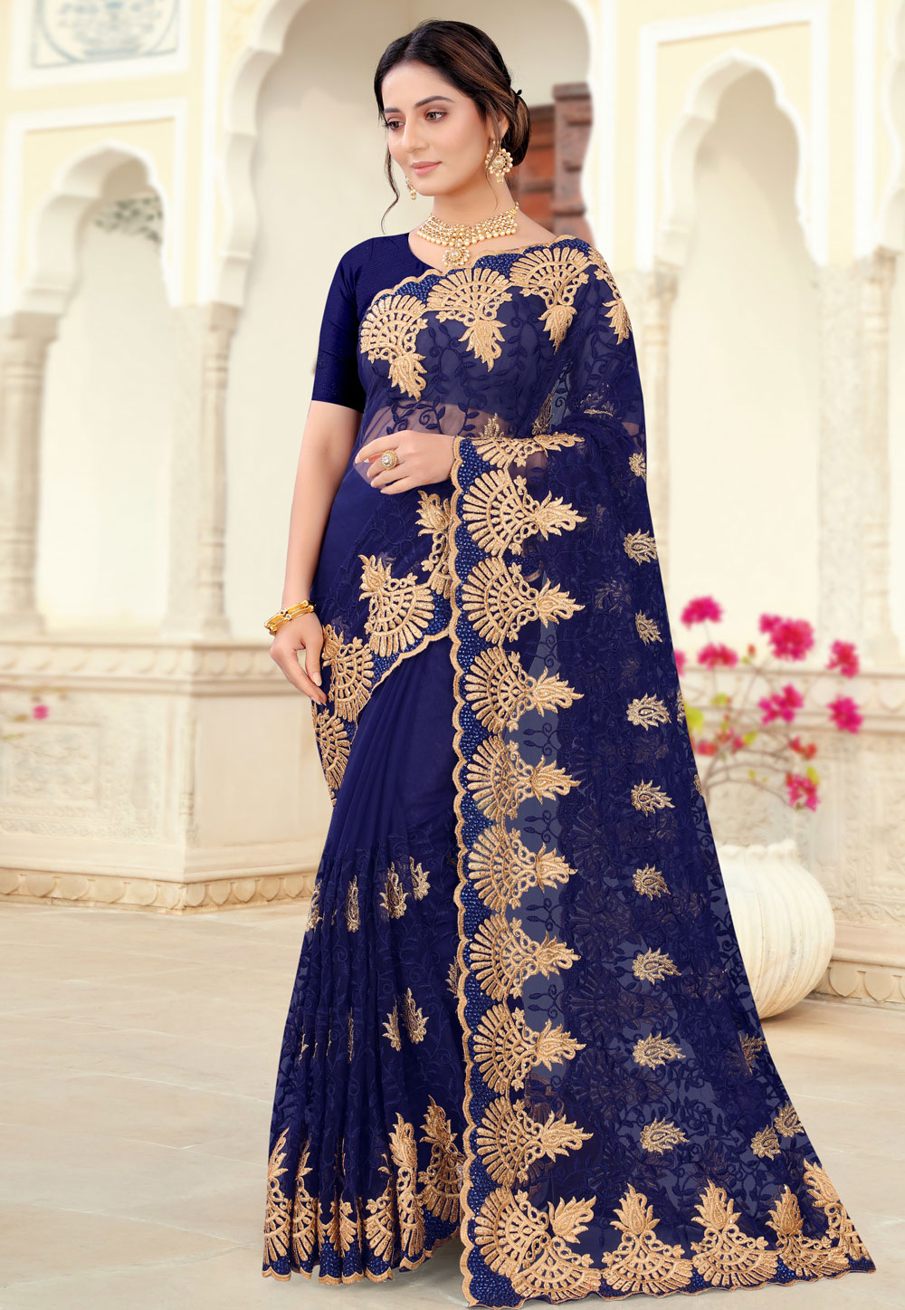 Navy Blue Net Saree With Blouse 234293