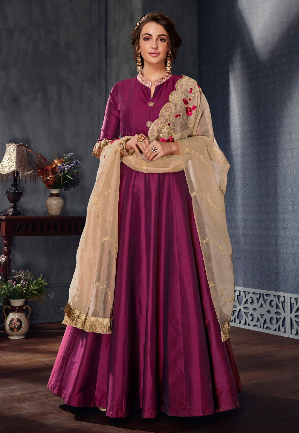 Magenta Satin Silk Long Anarkali Suit 154137