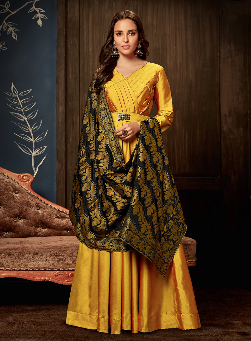 Yellow Taffeta Readymade Long Anarkali Suit 146546