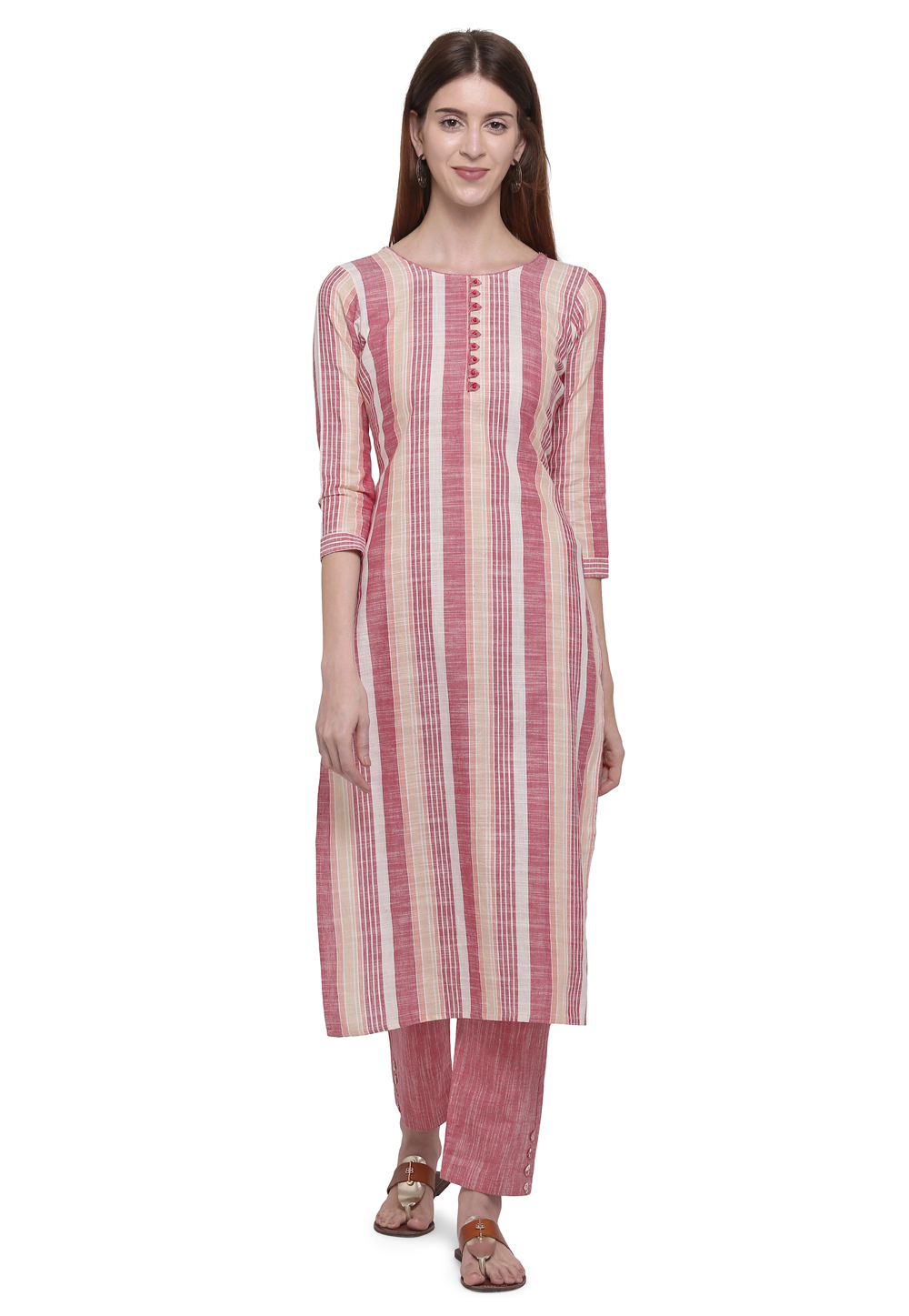 Shaded Pink Cotton Readymade Kurta Set With Pant 207729