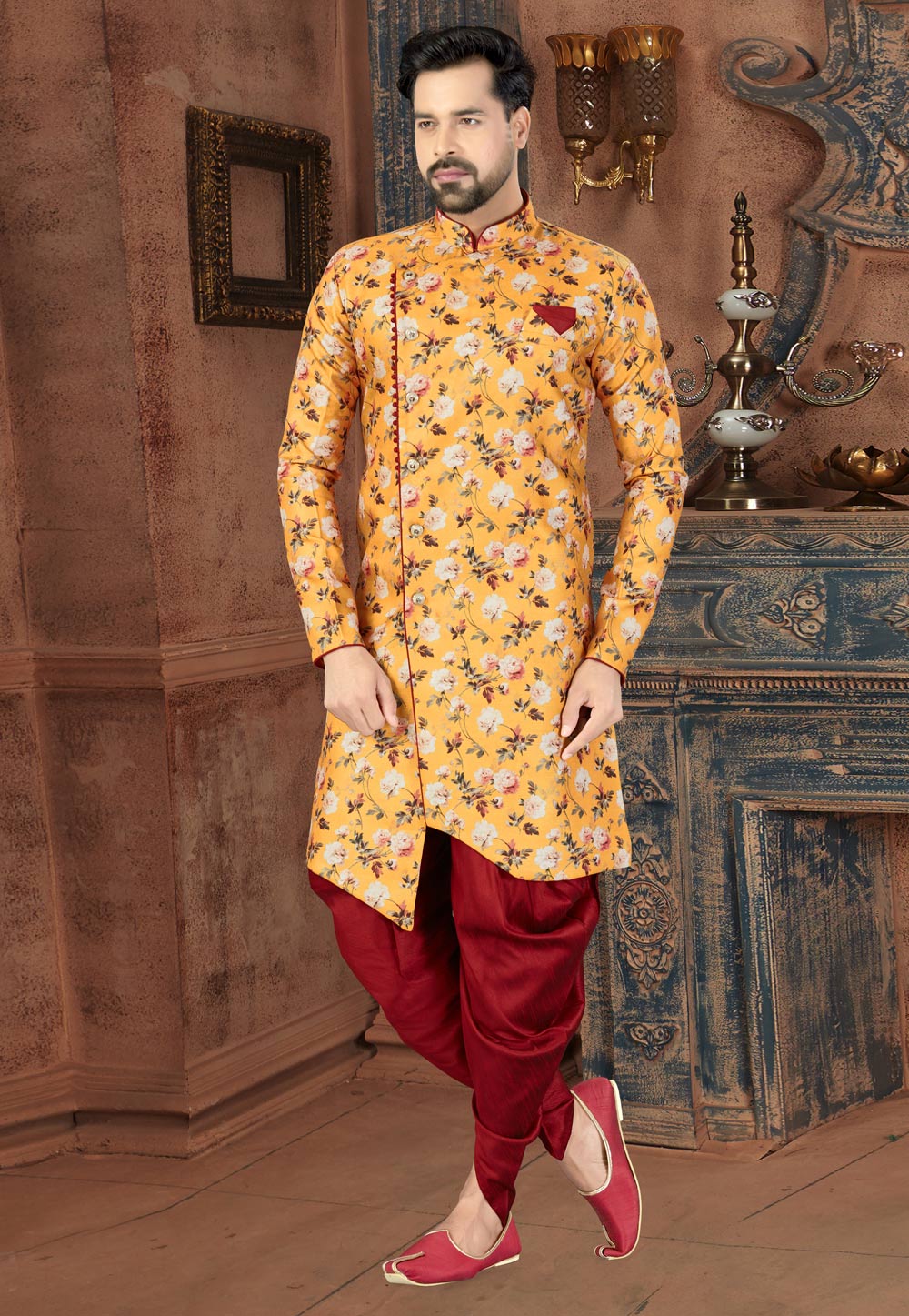 Yellow Jacquard Indo Western Suit 217681