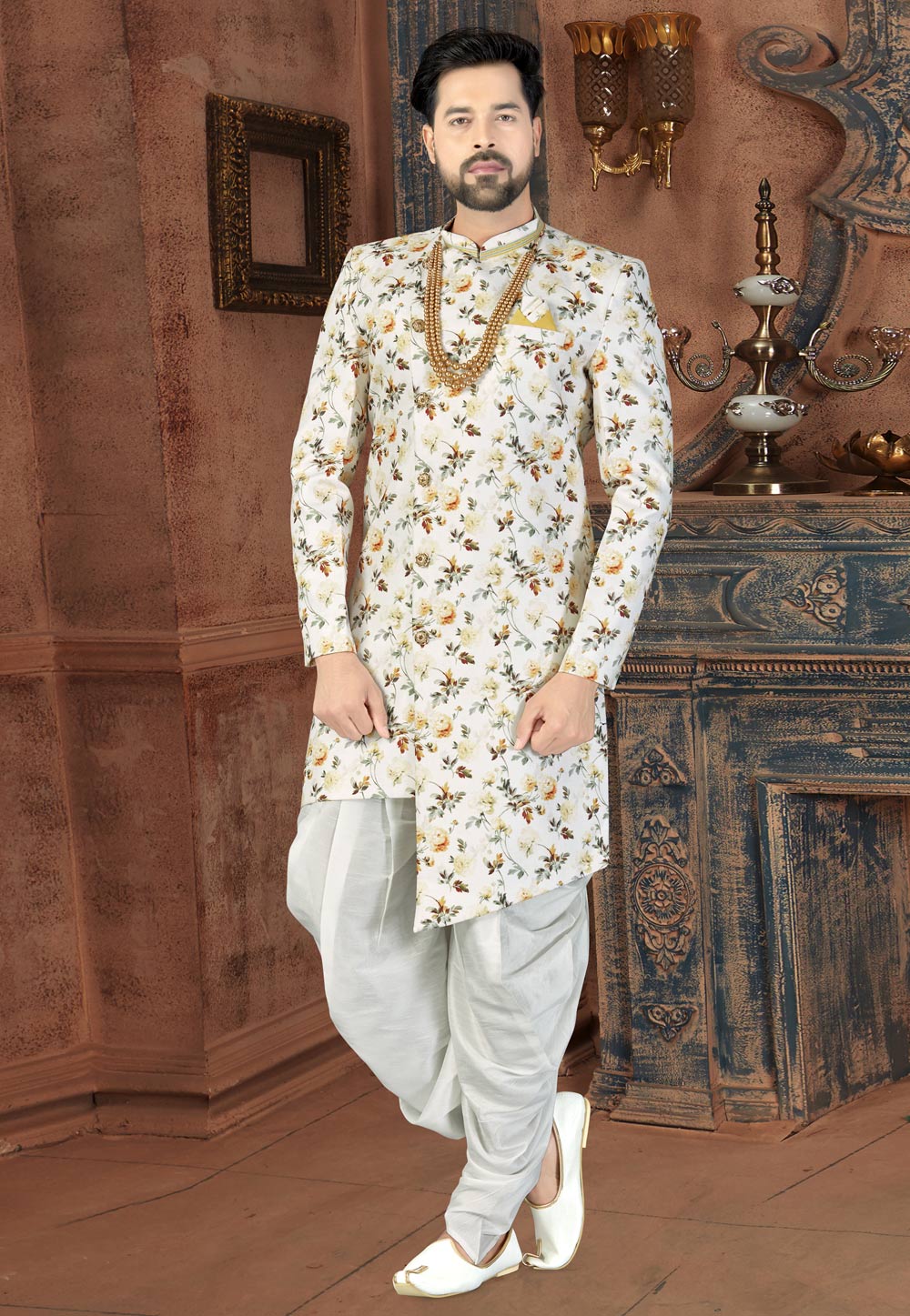 Off White Jacquard Indo Western Suit 217685