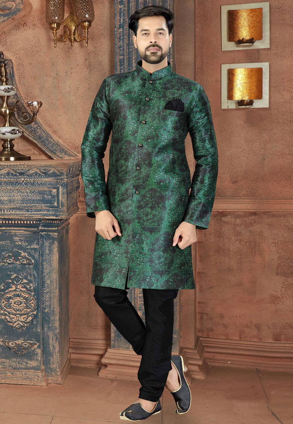 Green Silk Indo Western Suit 217689