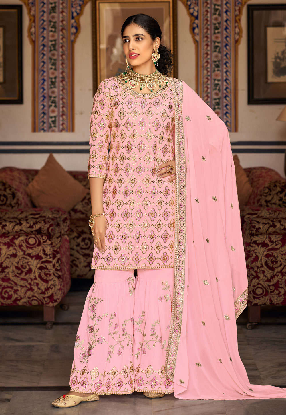 Pink Faux Georgette Sharara Suit 275129