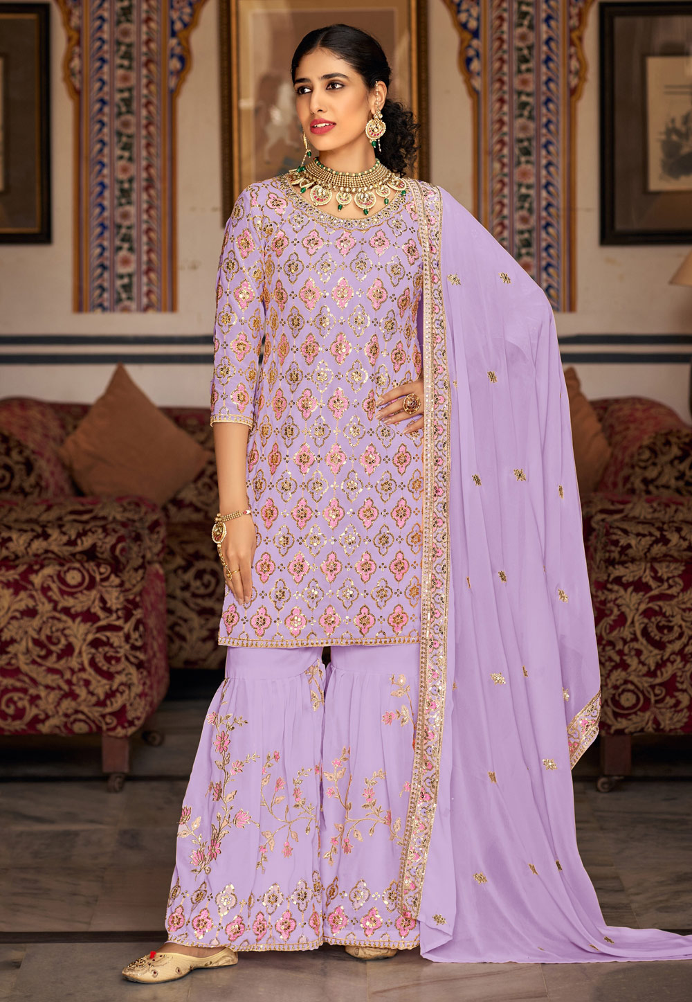 Lavender Faux Georgette Sharara Suit 275131