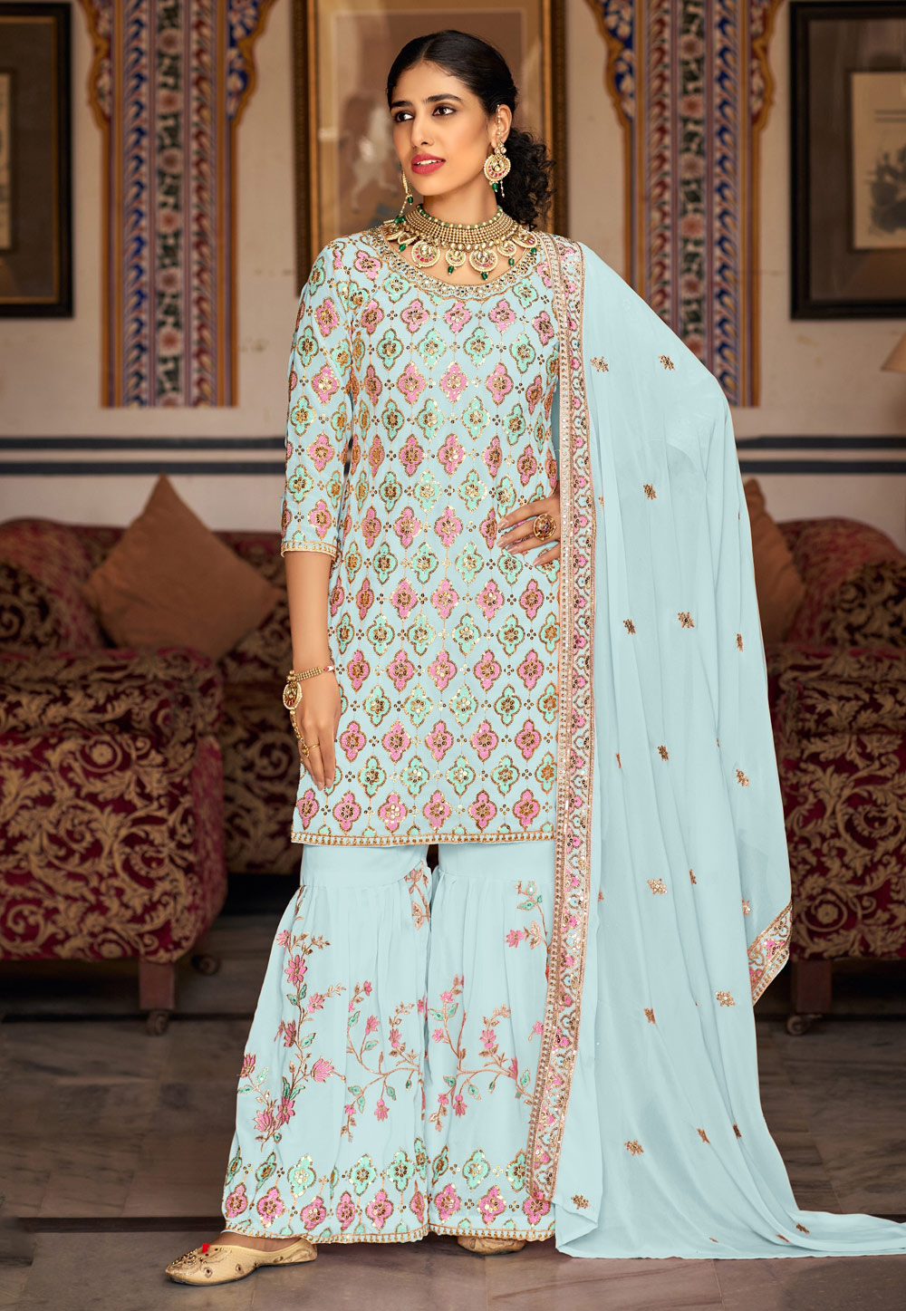 Sky Blue Faux Georgette Gharara Suit 275132