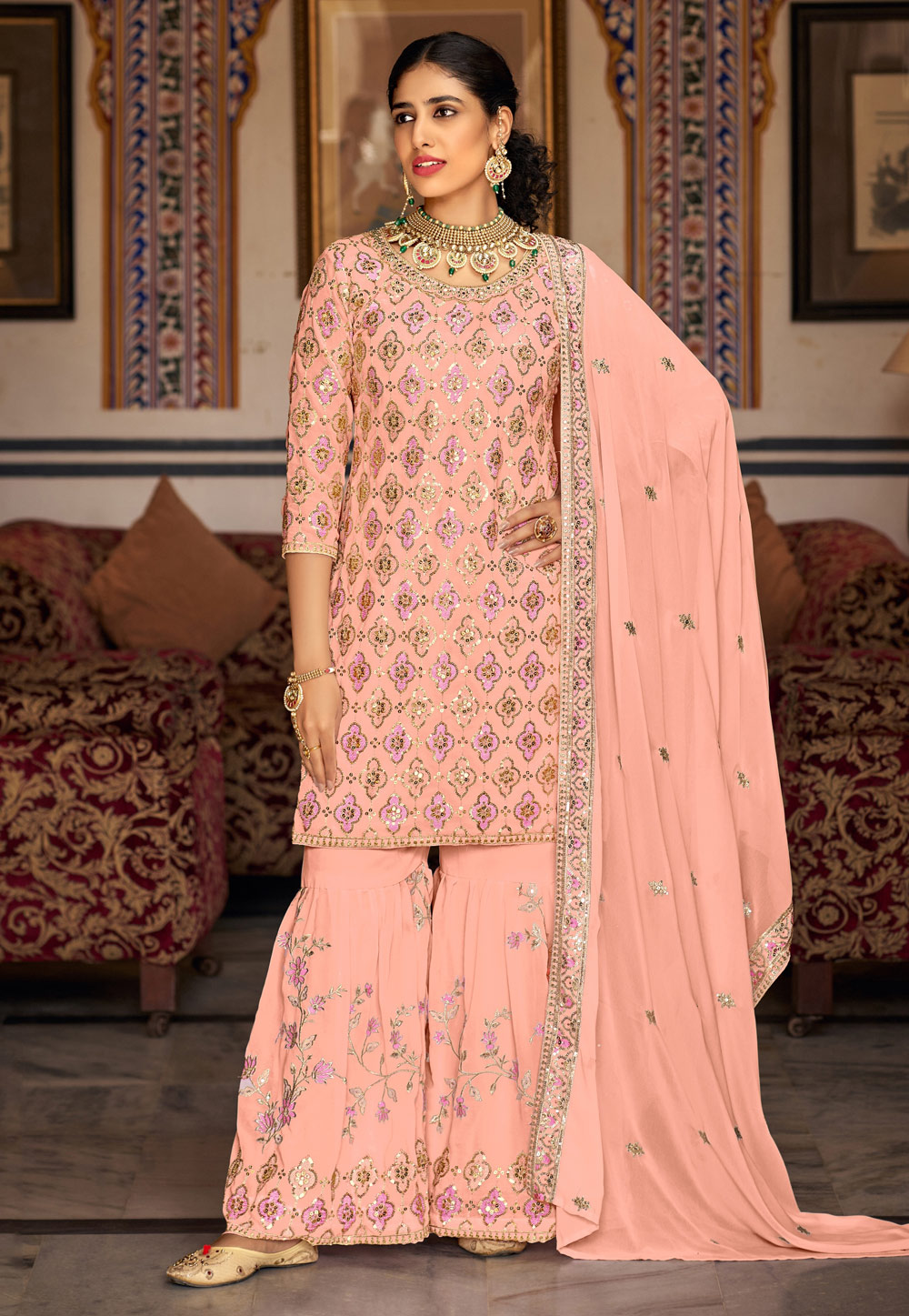 Peach Faux Georgette Sharara Suit 275133