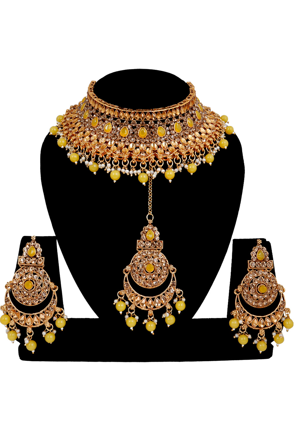 Yellow Alloy Austrian Diamonds and Kundan Necklace Set With Earrings and Maang Tikka 272605