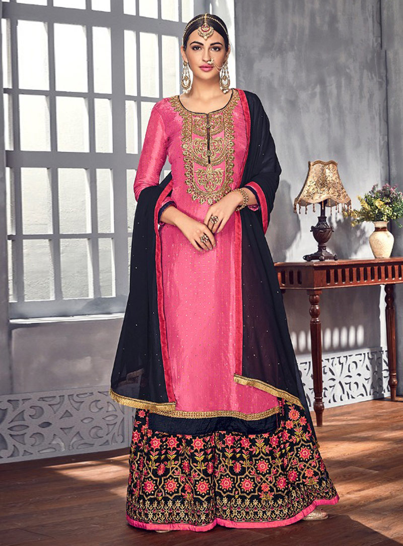 Pink Georgette Palazzo Style Suit 153620