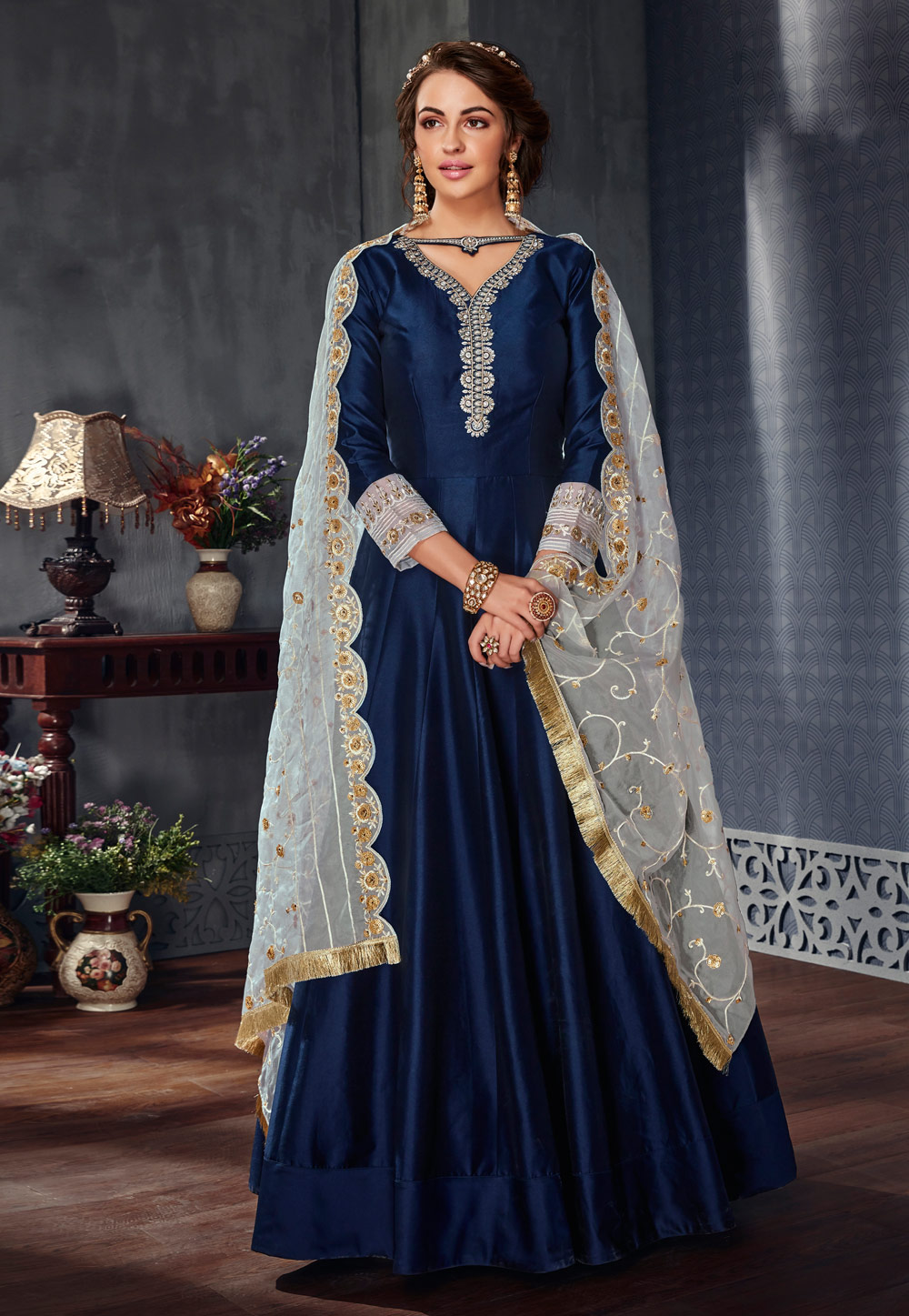 Navy Blue Satin Silk Anarkali Suit 154138