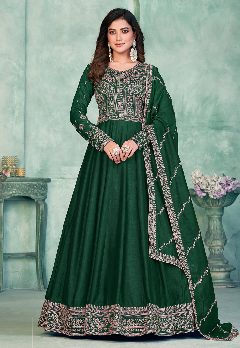 Green Art Silk Abaya Style Anarkali Suit 269561