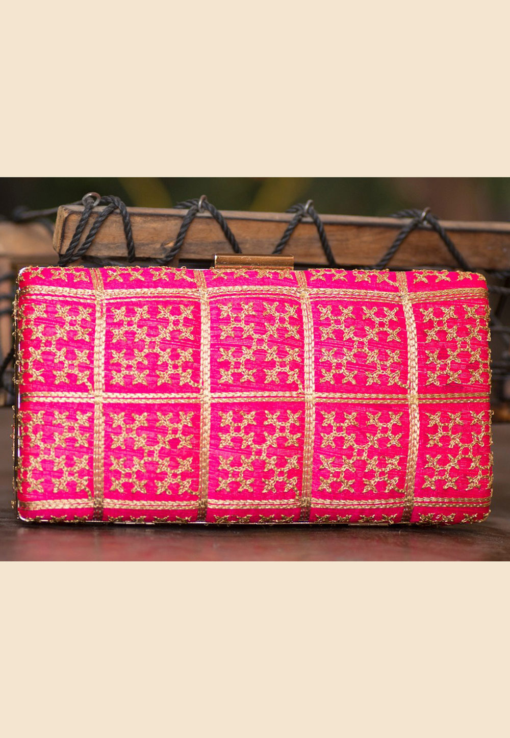 Pink Polyester Embroidered Clutch 207927