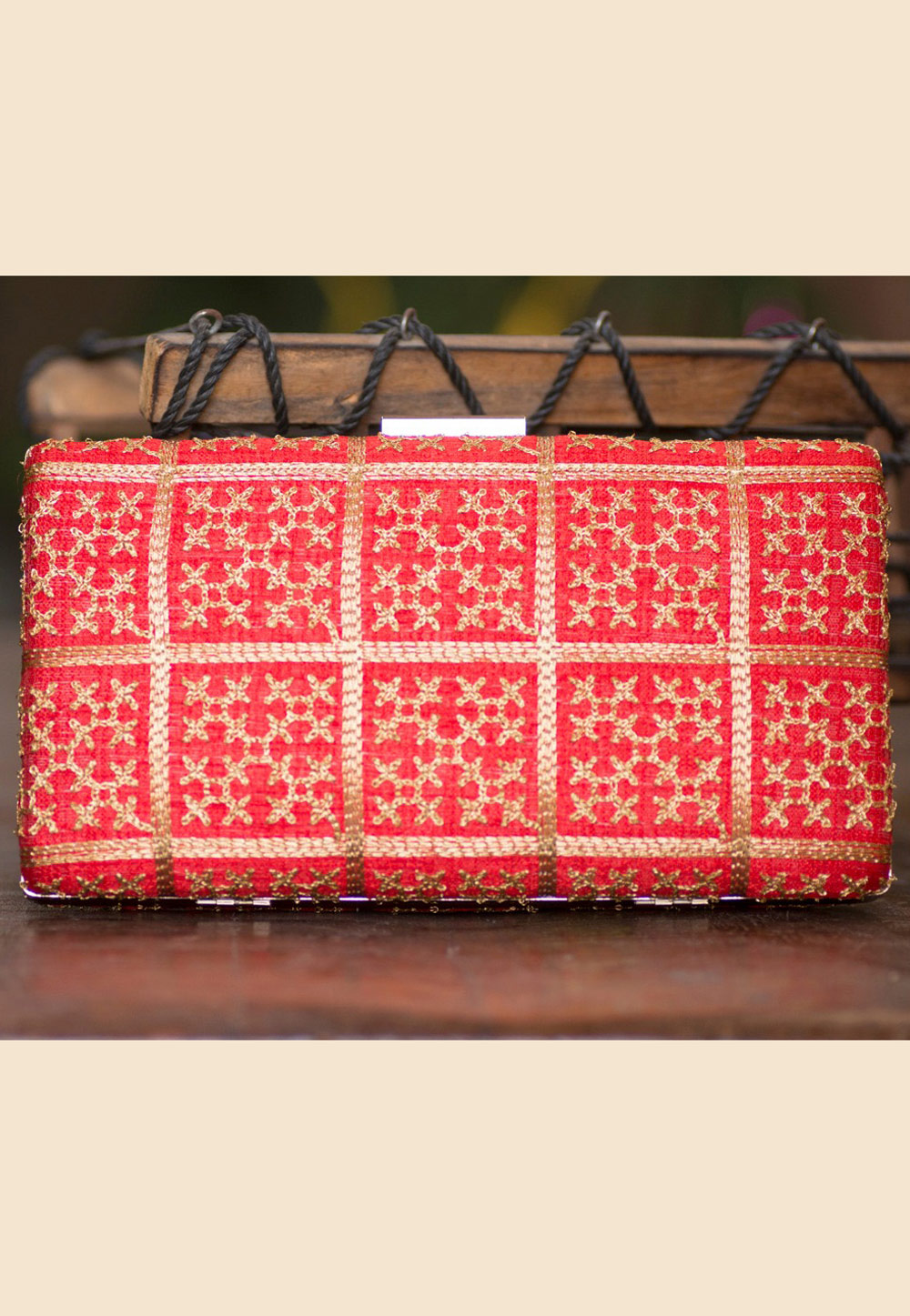 Red Polyester Embroidered Clutch 207928