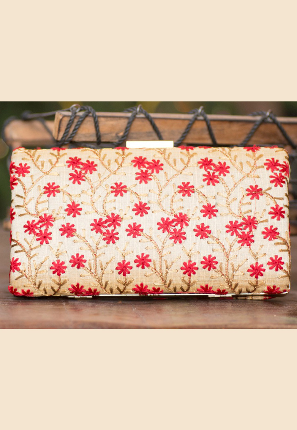 Beige Polyester Embroidered Clutch 207931