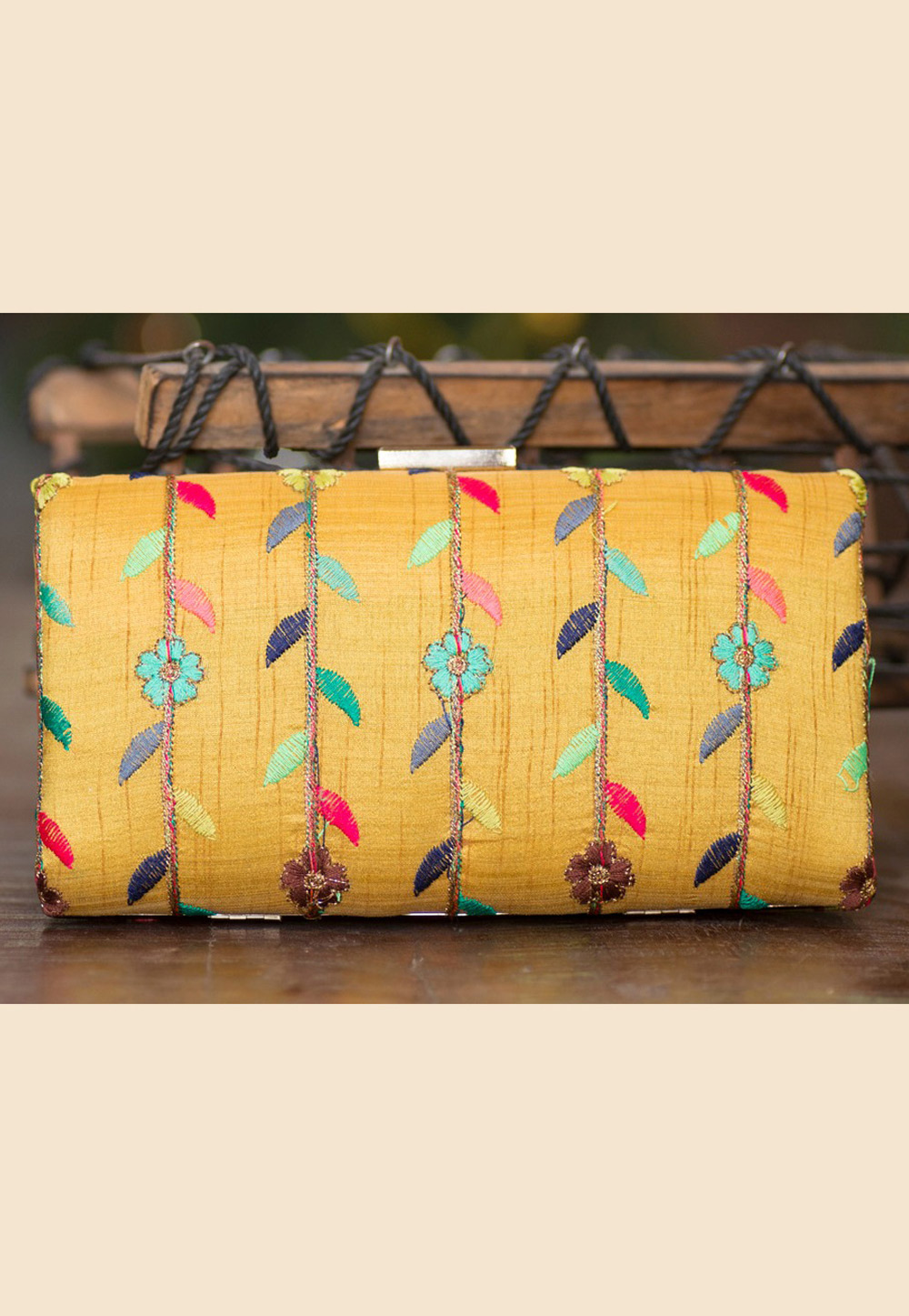 Yellow Polyester Embroidered Clutch 207933