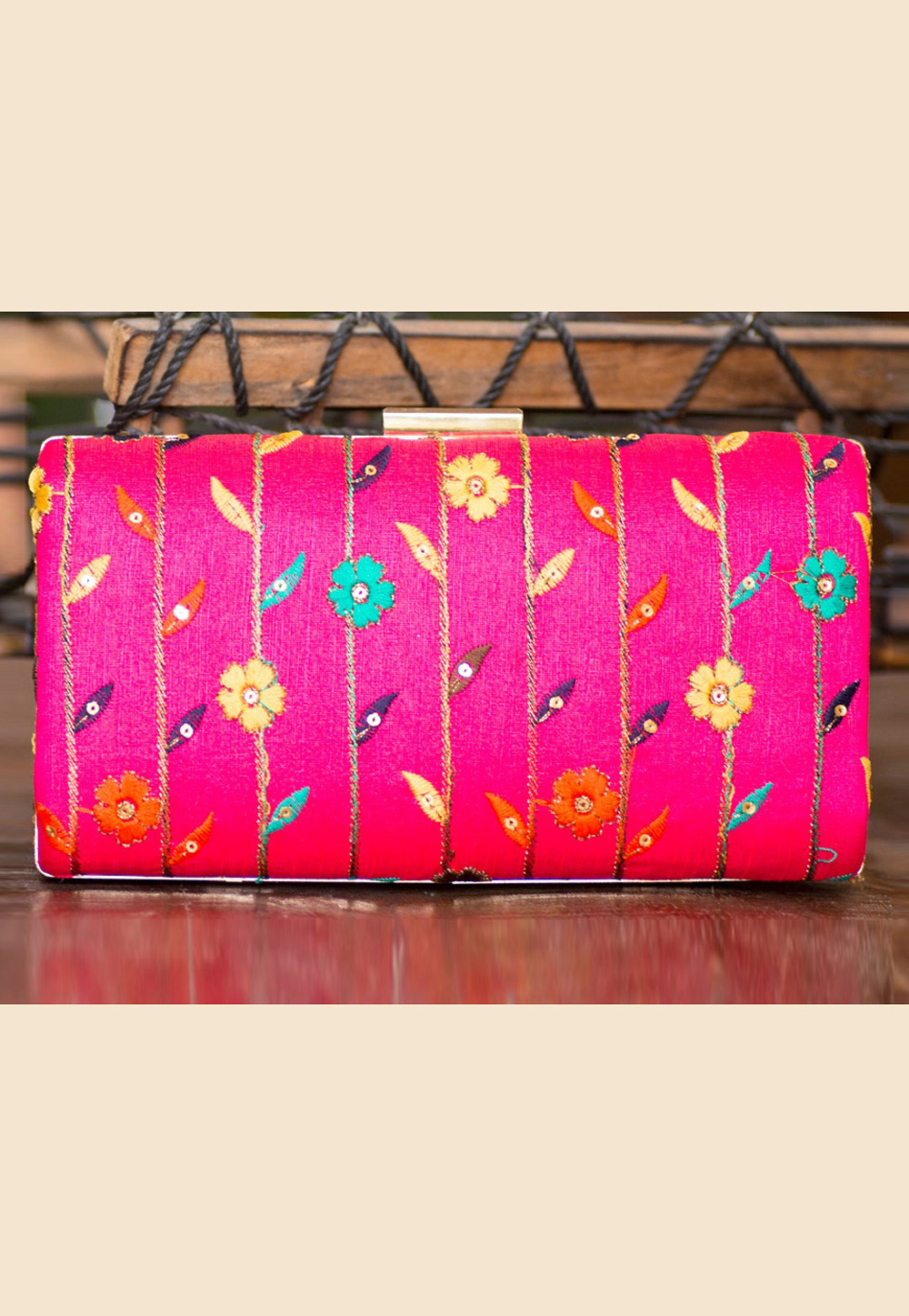 Magenta Polyester Embroidered Clutch 207934
