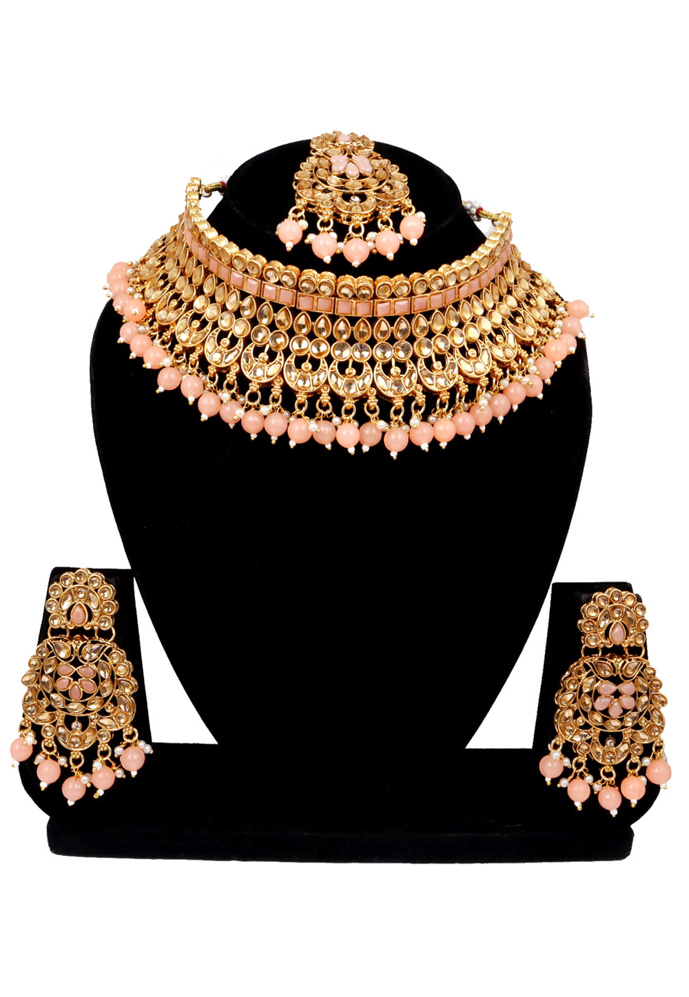 Peach Alloy Austrian Diamonds and Kundan Necklace Set With Earrings and Maang Tikka 272606