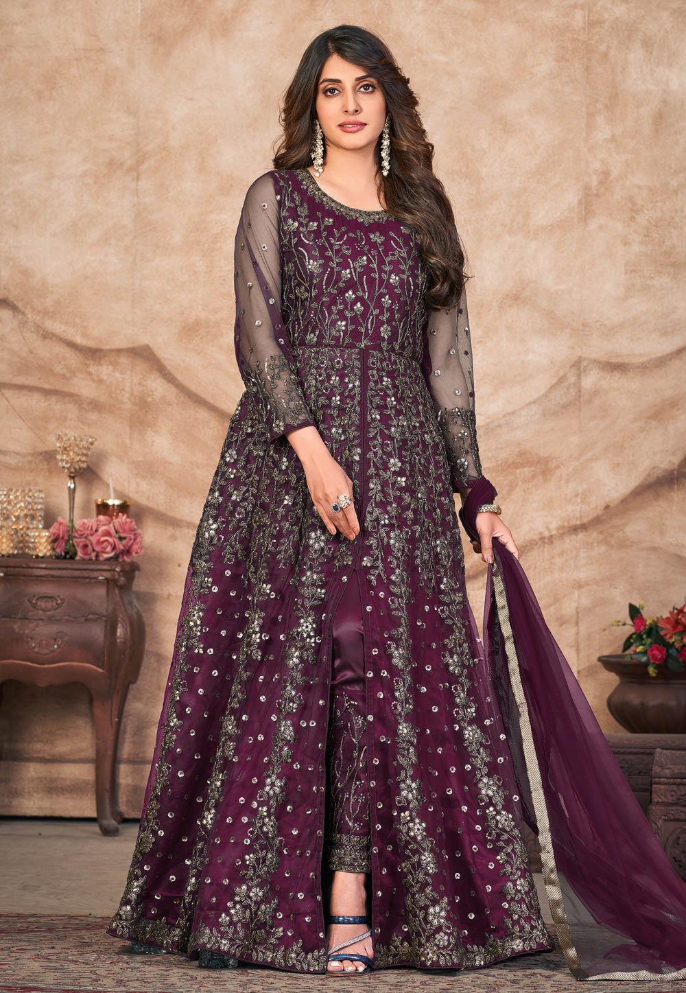 Wine Net Embroidered Pant Style Suit 269972