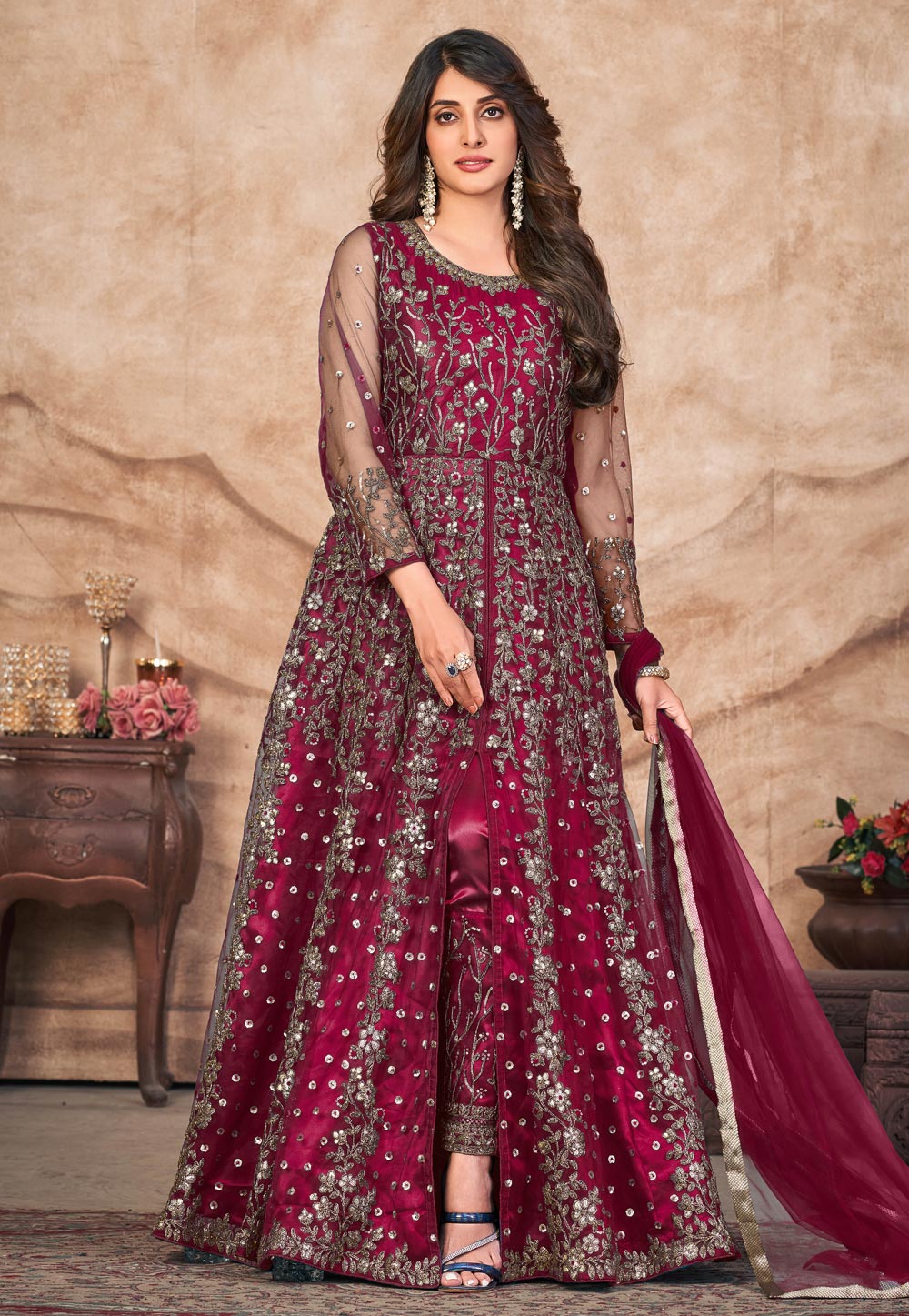 Magenta Net Embroidered Pant Style Suit 269974