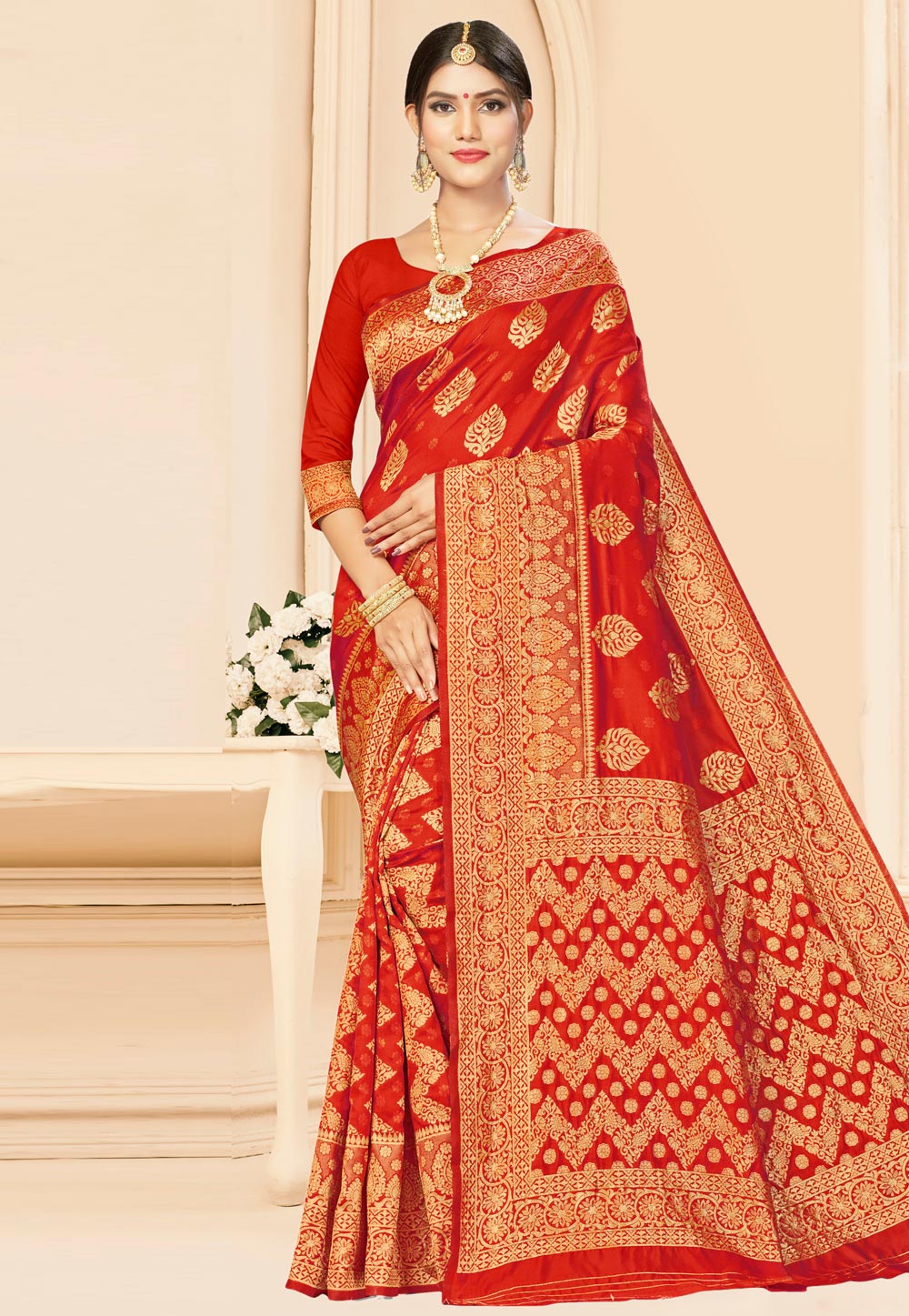 Red Banarasi Silk Saree With Blouse 207994