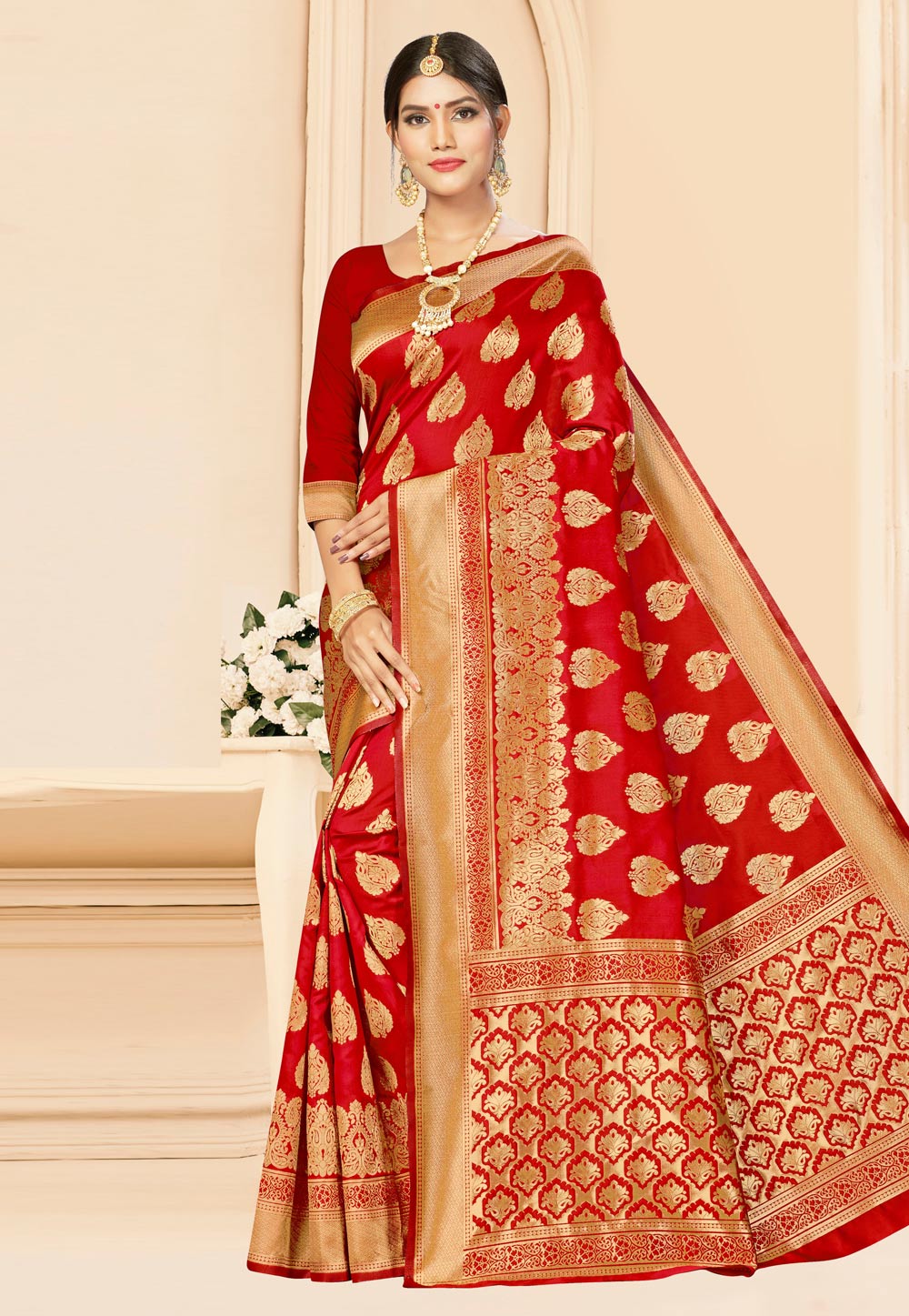 Red Banarasi Silk Festival Wear Saree 208001