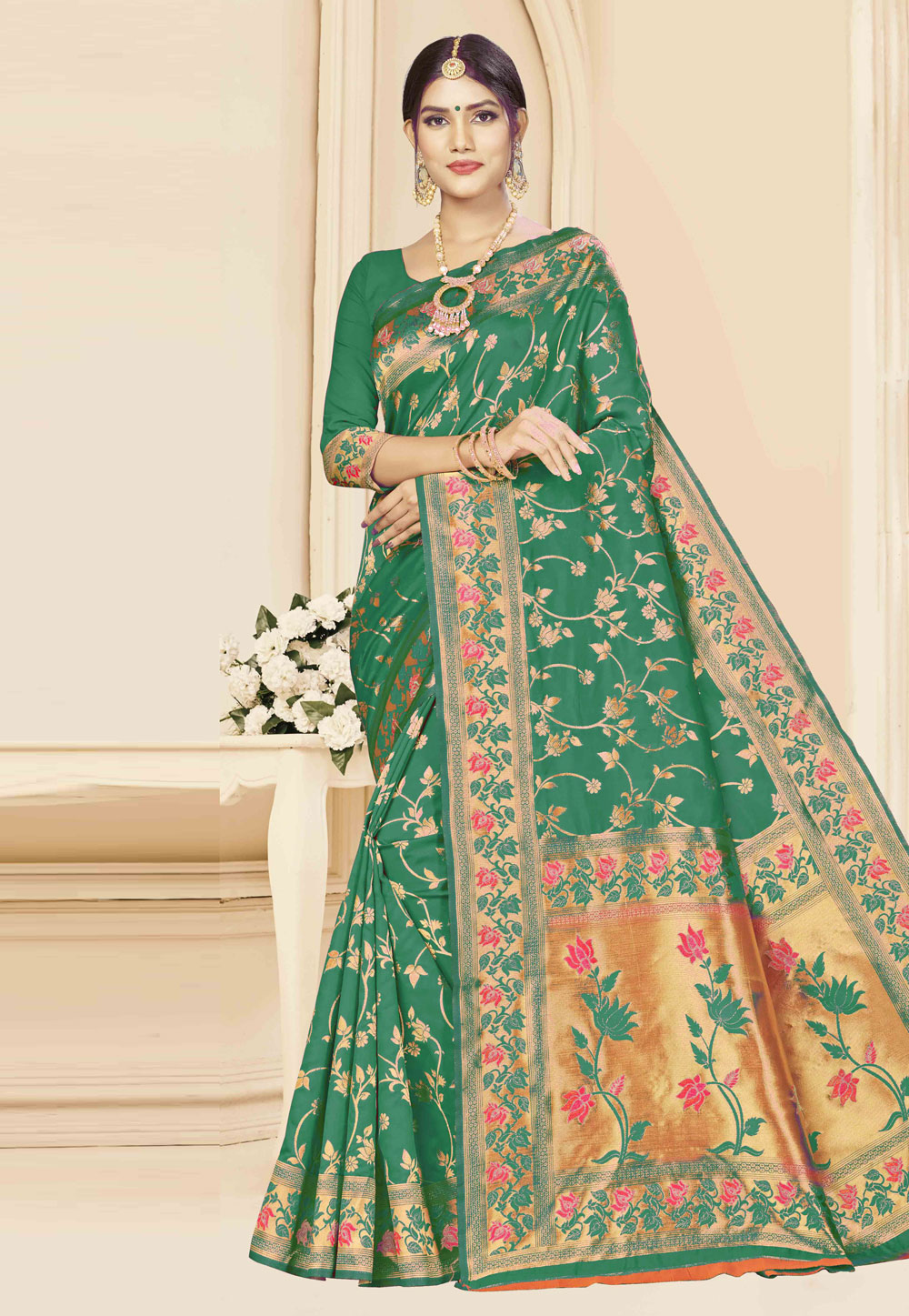 Green Banarasi Silk Festival Wear Saree 208003