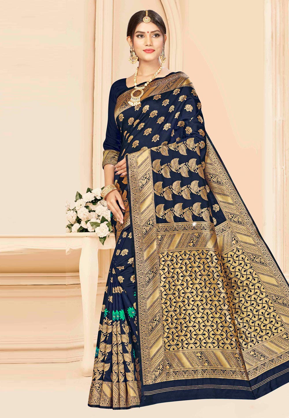 Navy Blue Banarasi Silk Festival Wear Saree 208005