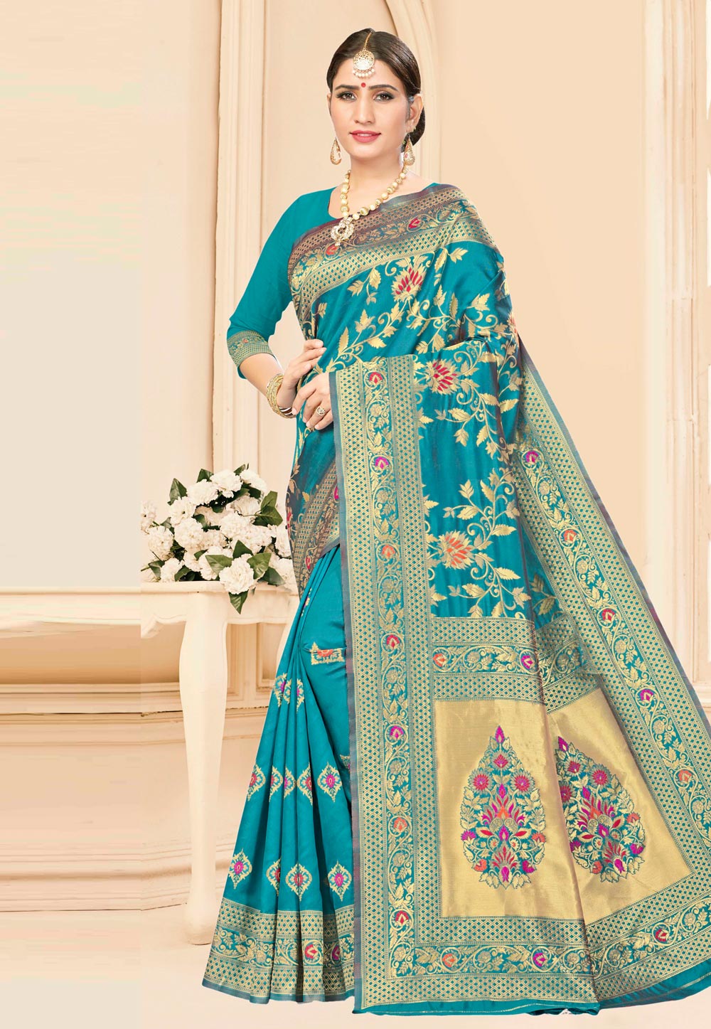 Light Blue Banarasi Silk Saree With Blouse 208006