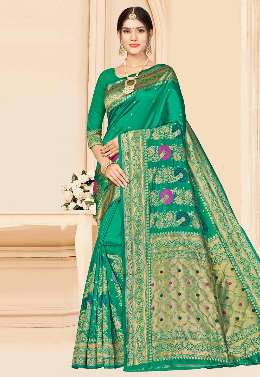 Green Banarasi Silk Saree With Blouse 208008
