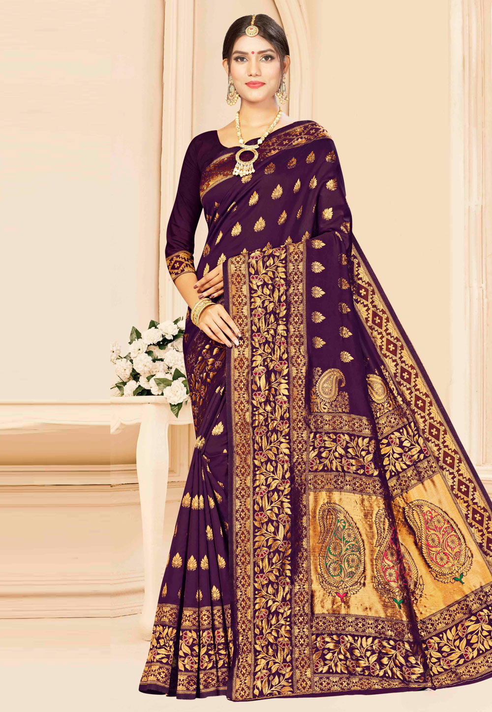 Purple Banarasi Silk Saree With Blouse 208012