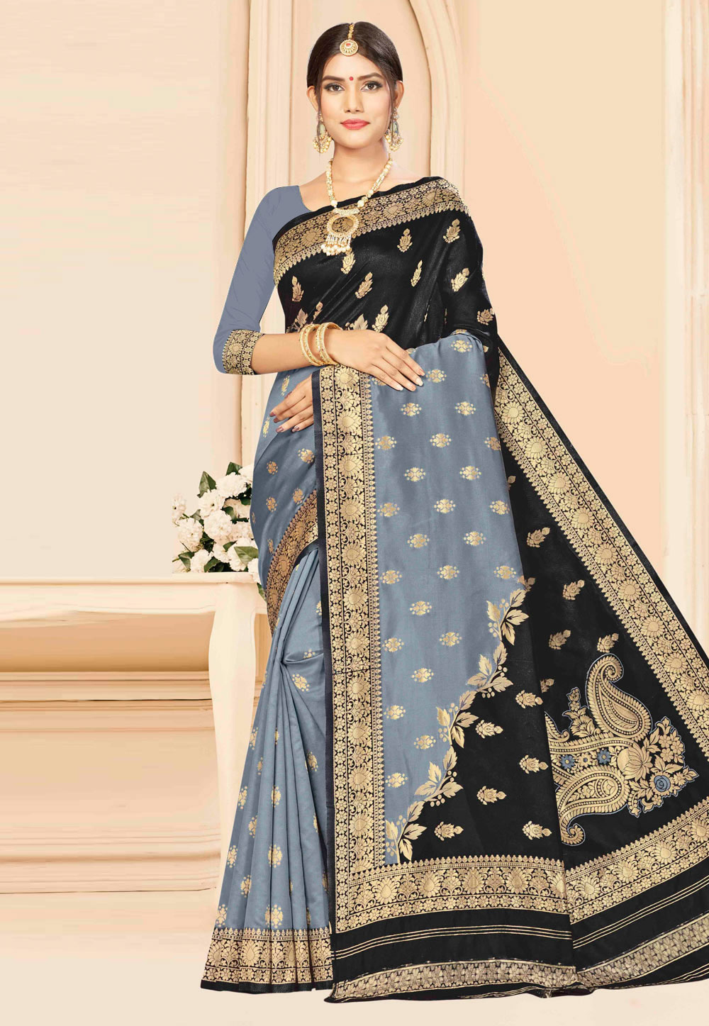 Grey Banarasi Silk Saree With Blouse 208014