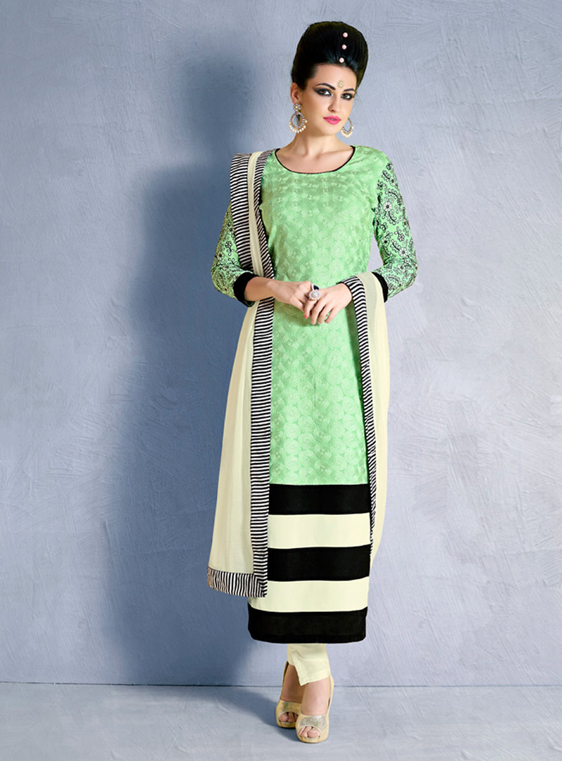 Green Georgette Straight Cut Suit 74446