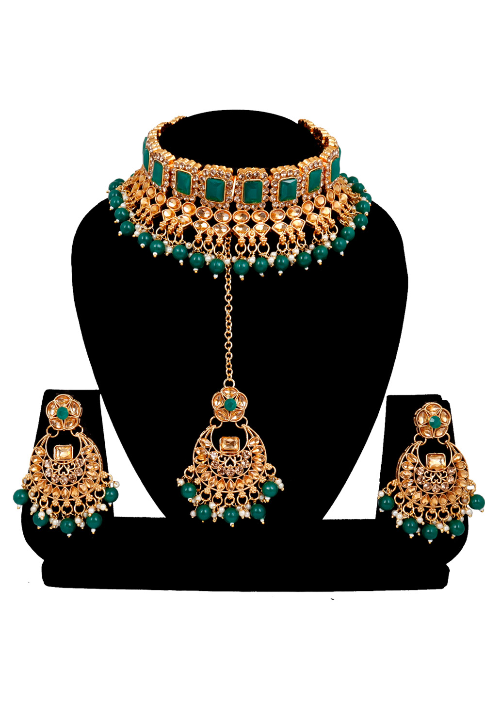 Green Alloy Austrian Diamonds and Kundan Necklace Set With Earrings and Maang Tikka 272607