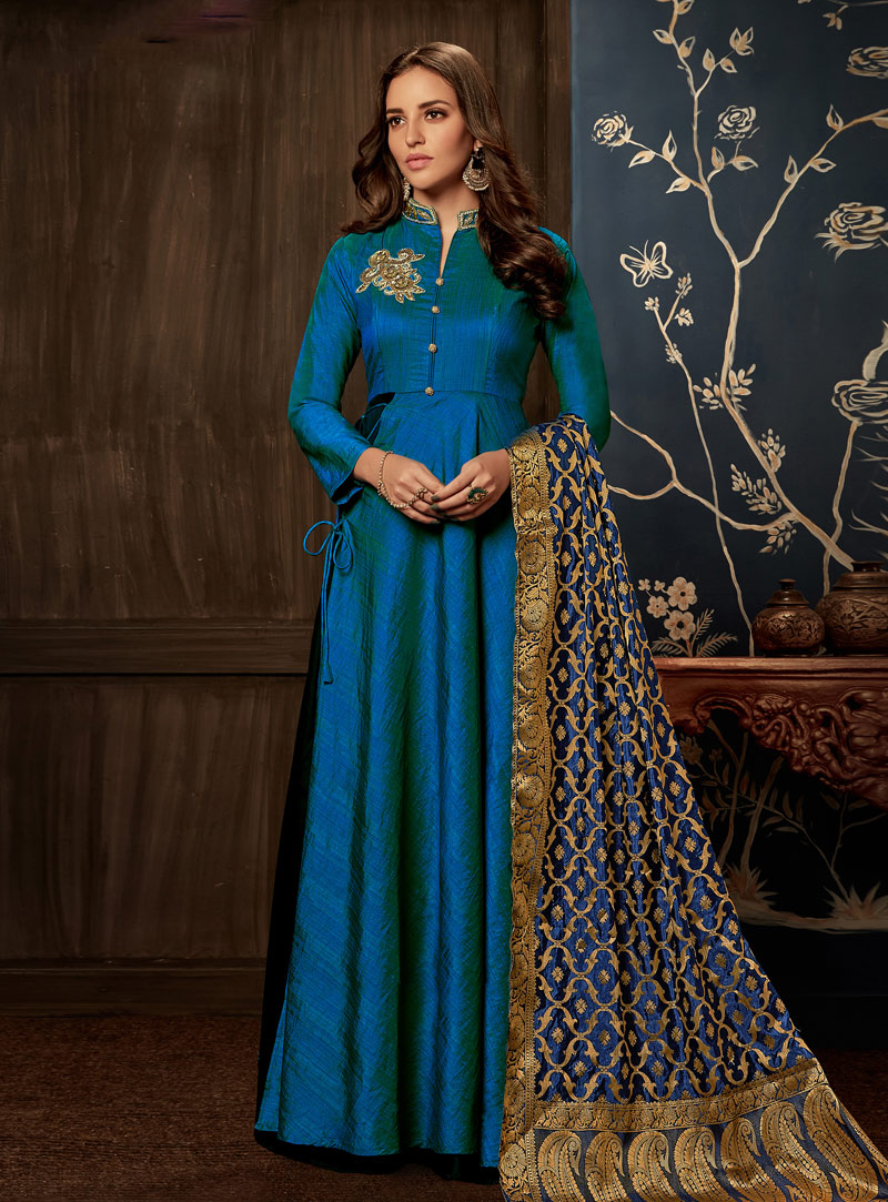Blue Taffeta Readymade Long Anarkali Suit 146549